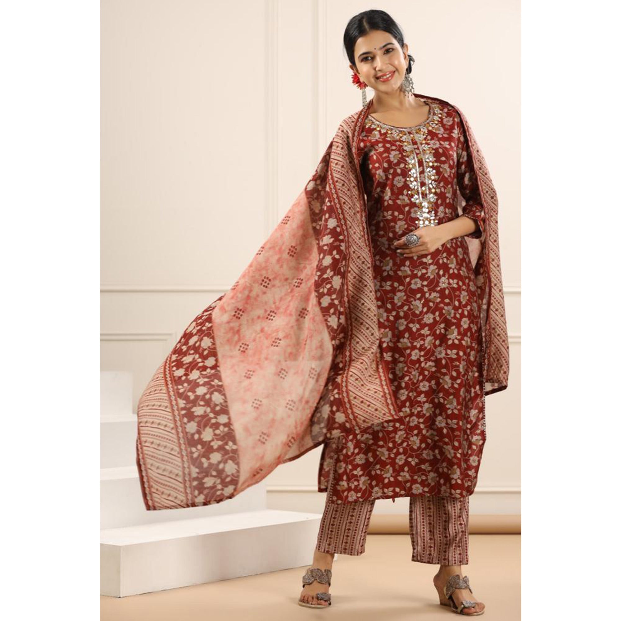 Peachmode Maroon Jaipuri Printed Chanderi Salwar Suit - view 6