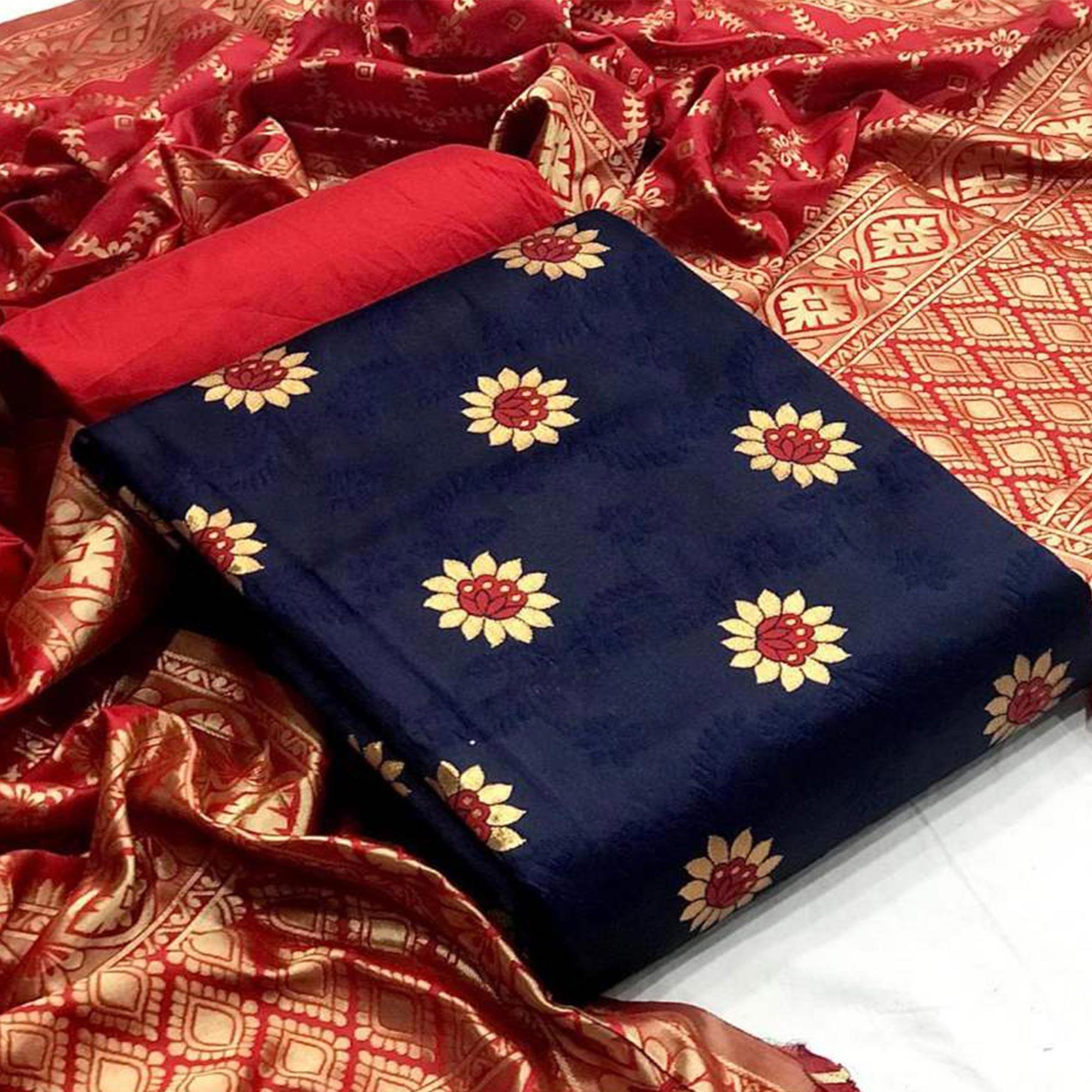 Peachmode Dazzling Navy Blue Colored Casual Wear Banarasi Silk Dress Material