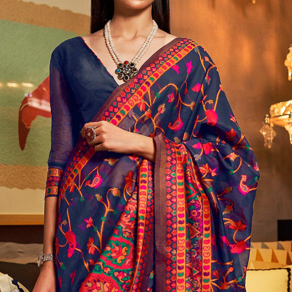 Peachmode Mesmeric Dark Blue Colored Festive Wear Woven Chanderi Saree - view 3