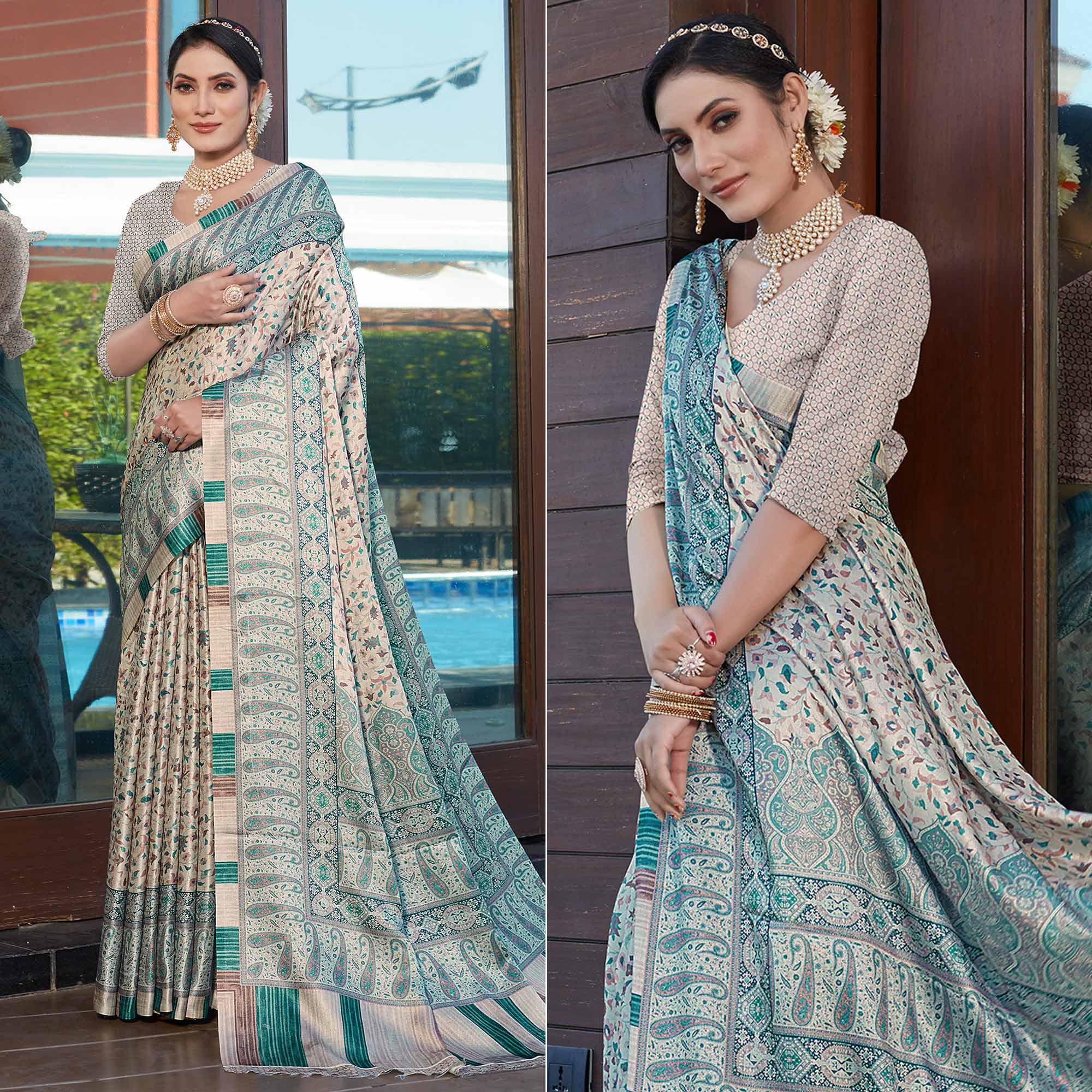 Peachmode Cream Digital Printed Pashmina Saree
