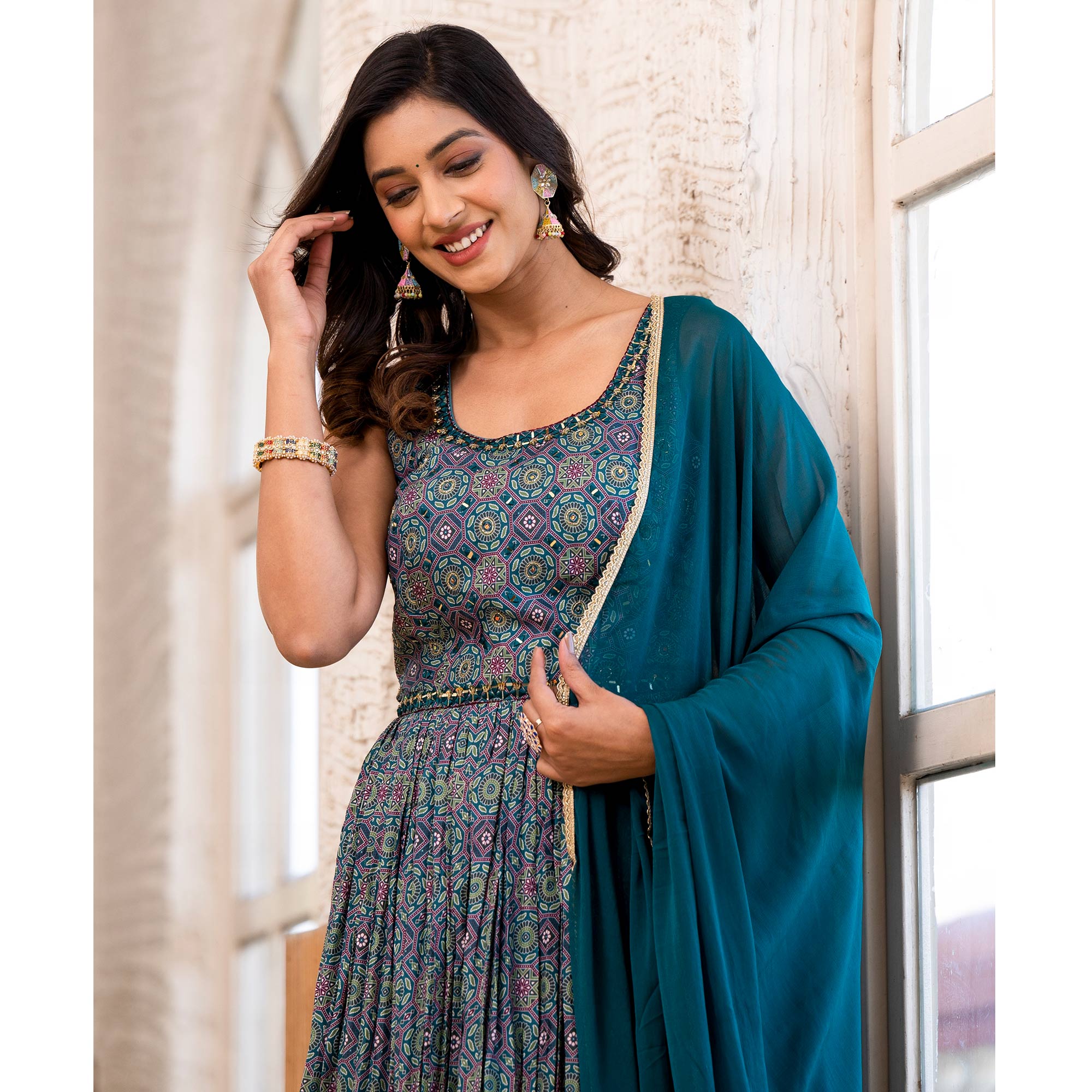 Peachmode Seller Morpich Blue Printed Dola Silk Anarkali Style Gown With Mirror Work - view 5