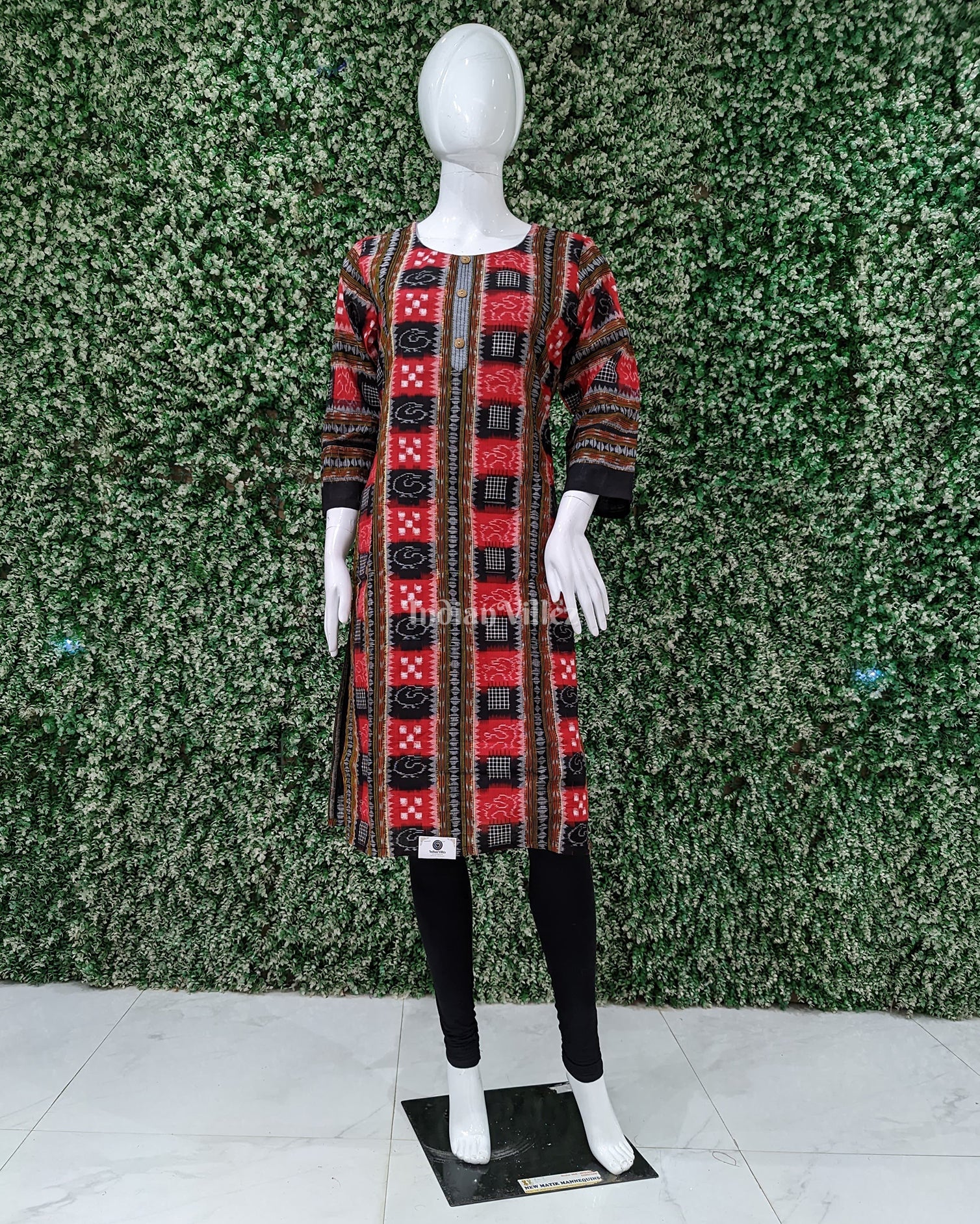 IndianVillèz Red Sambalpuri Pasapalli Theme Odisha Ikat Designer Cotton Kurti for Women