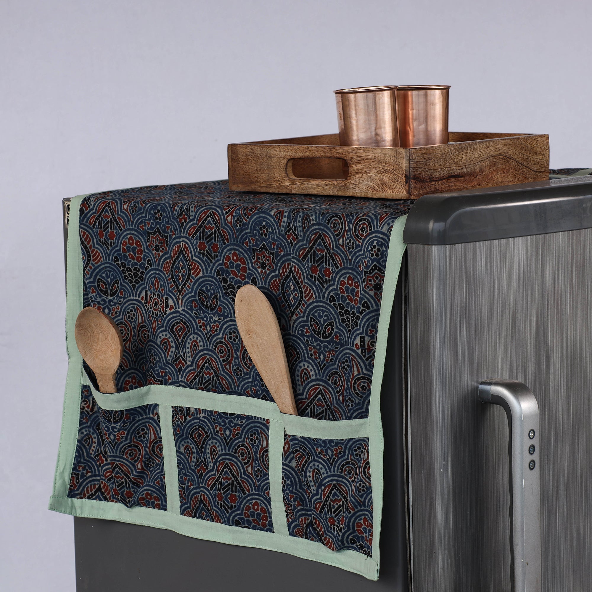JALPARI Blue - Ajrakh Block Printed Cotton Fridge Top Cover with Multiple Pockets