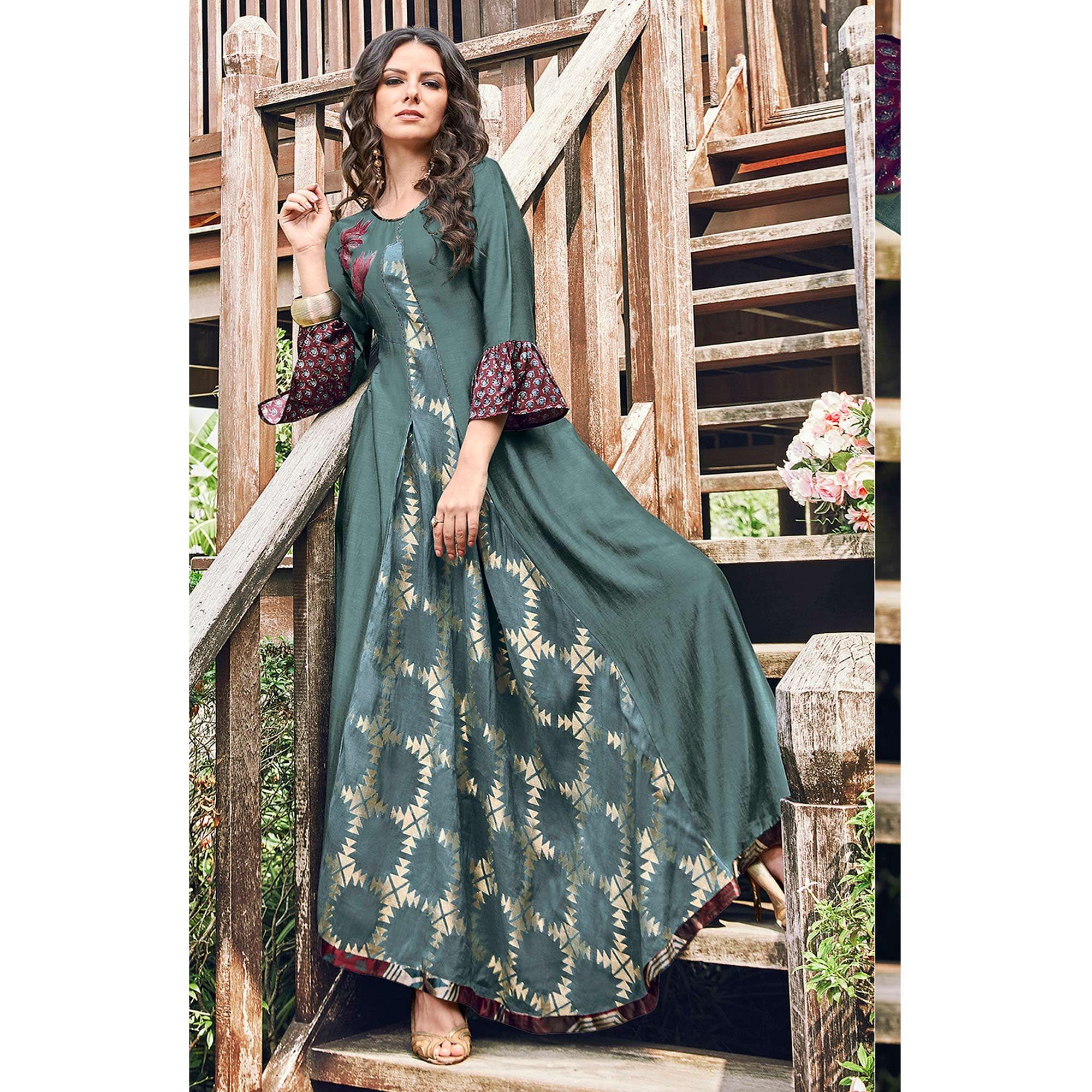 Peachmode Glorious Teal Grey Colored Party Wear Printed Modal-Jacquard Long Kurti - view 2