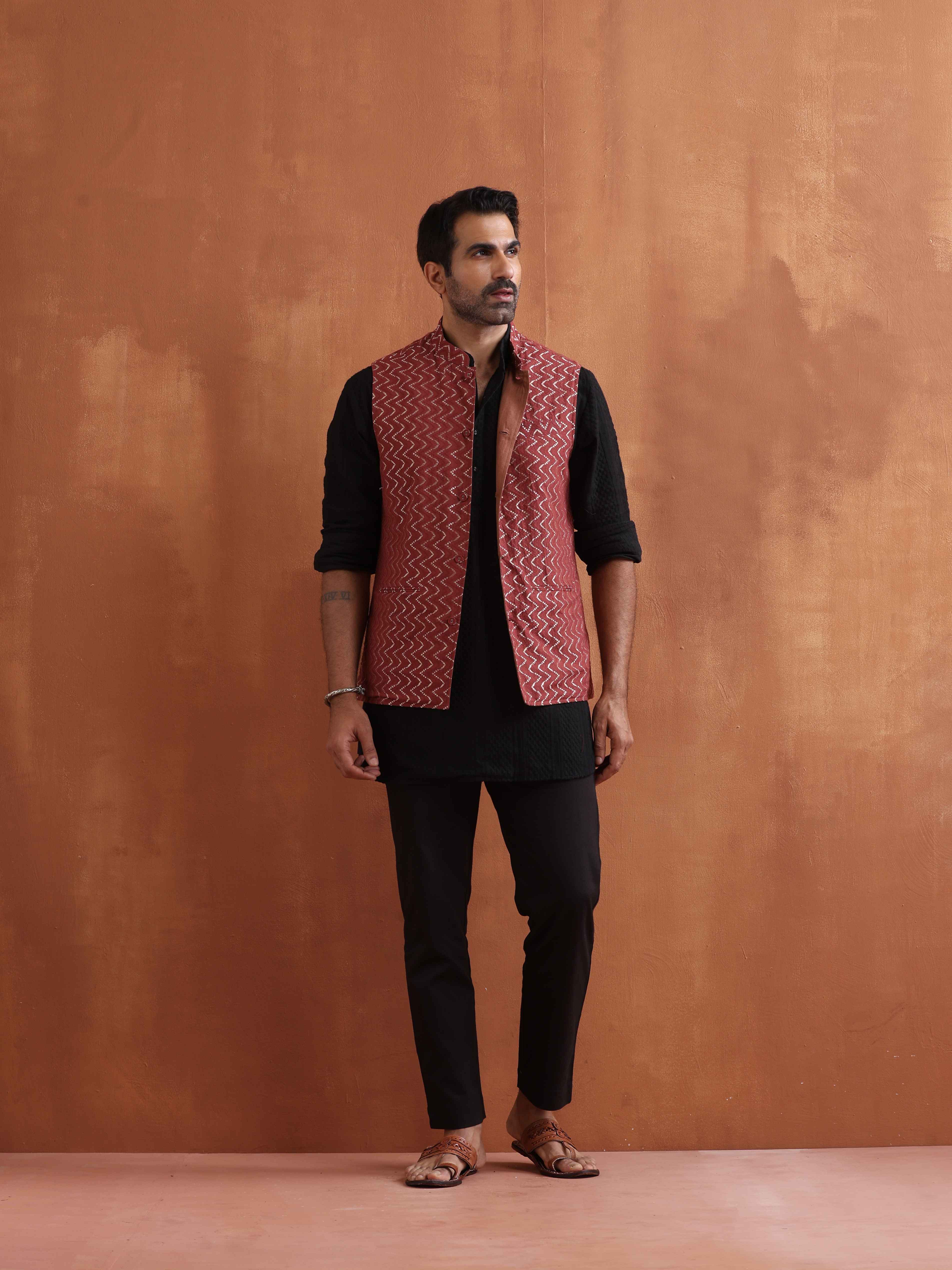trueBrowns Men's Rust Cotton Dobby Nehru Jacket - view 6