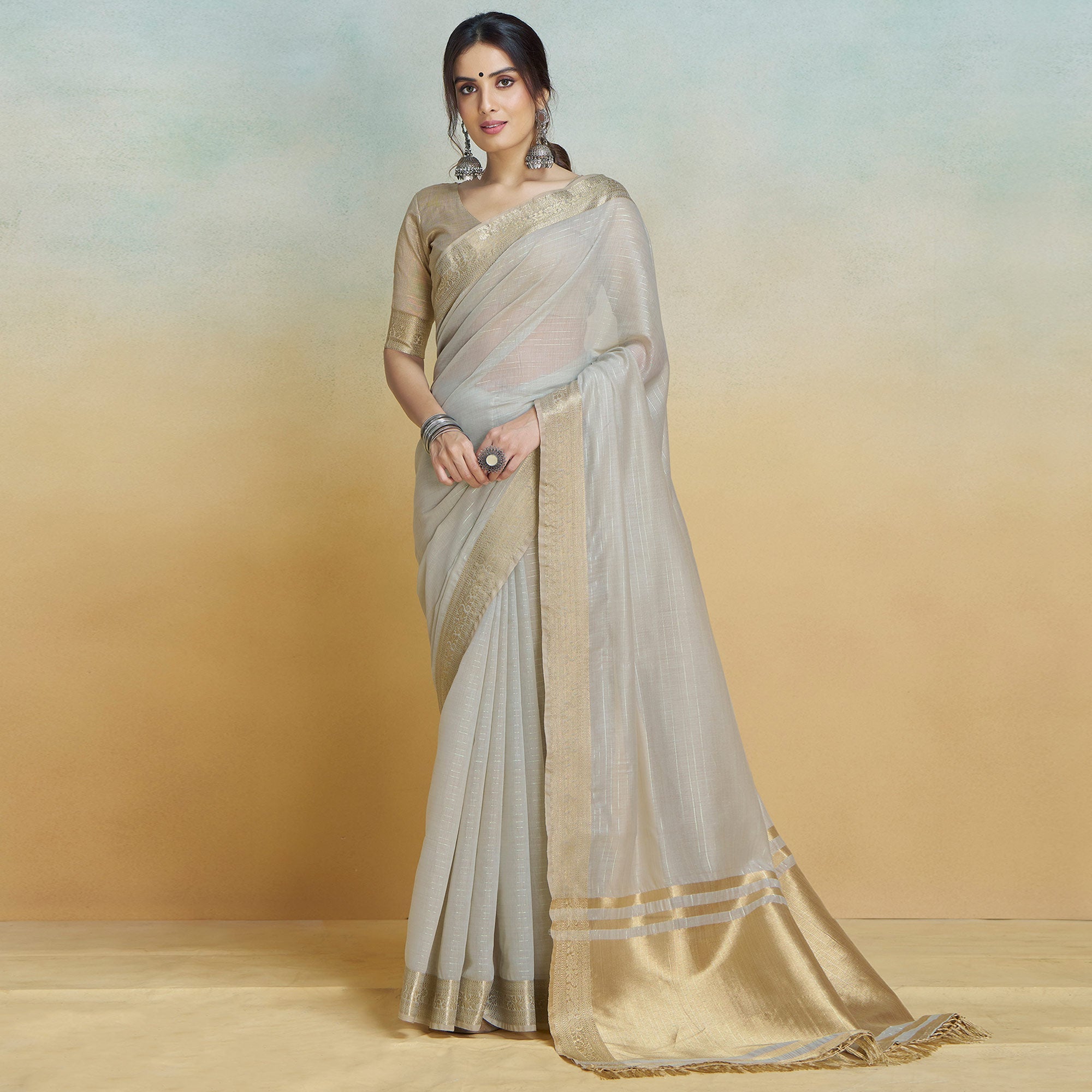 Peachmode Light Grey Woven Cotton Silk Saree With Tassels - view 2