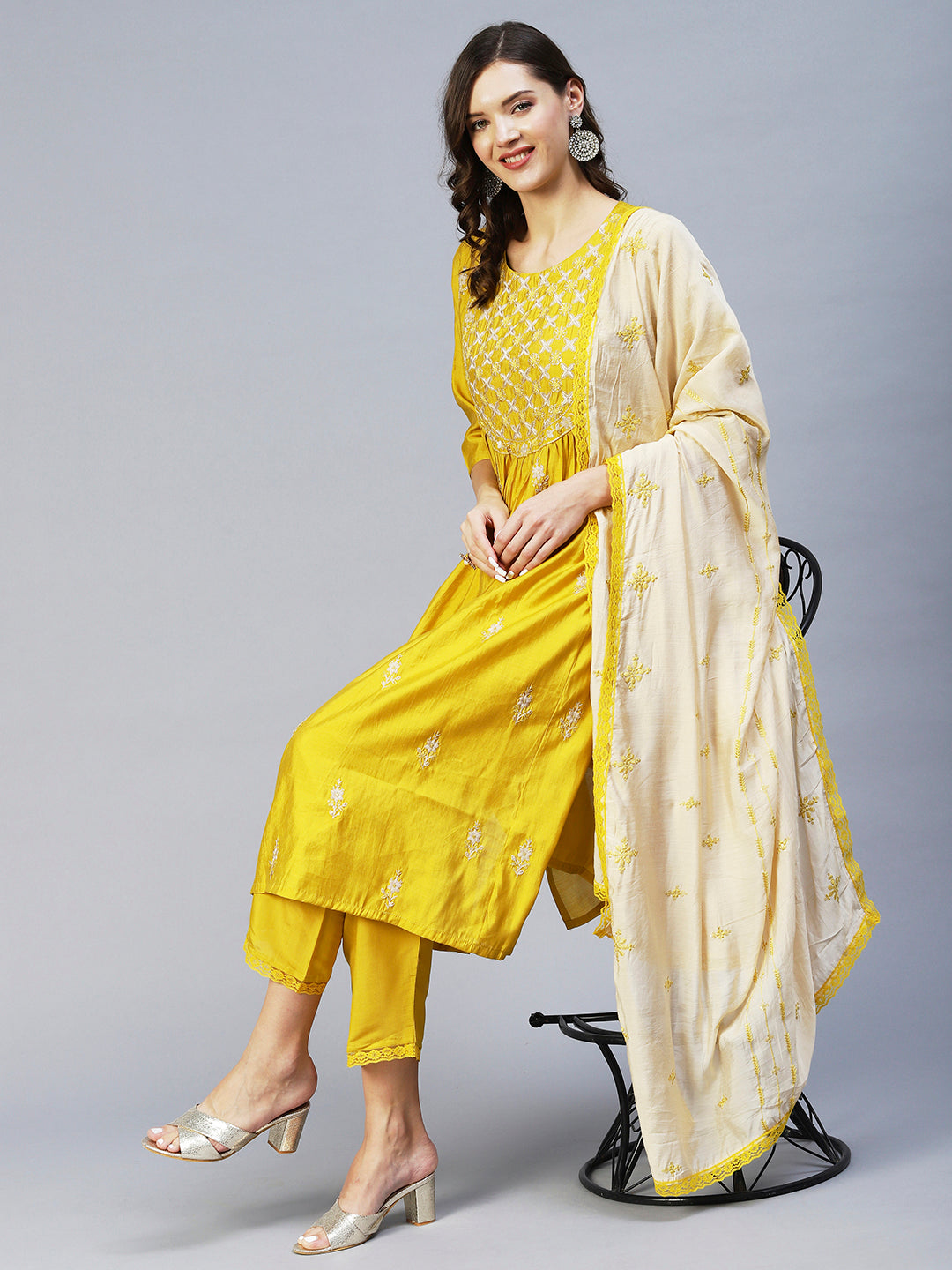 Fashor Ethnic Embroidered A-Line Kurta with Pant & Dupatta - Yellow