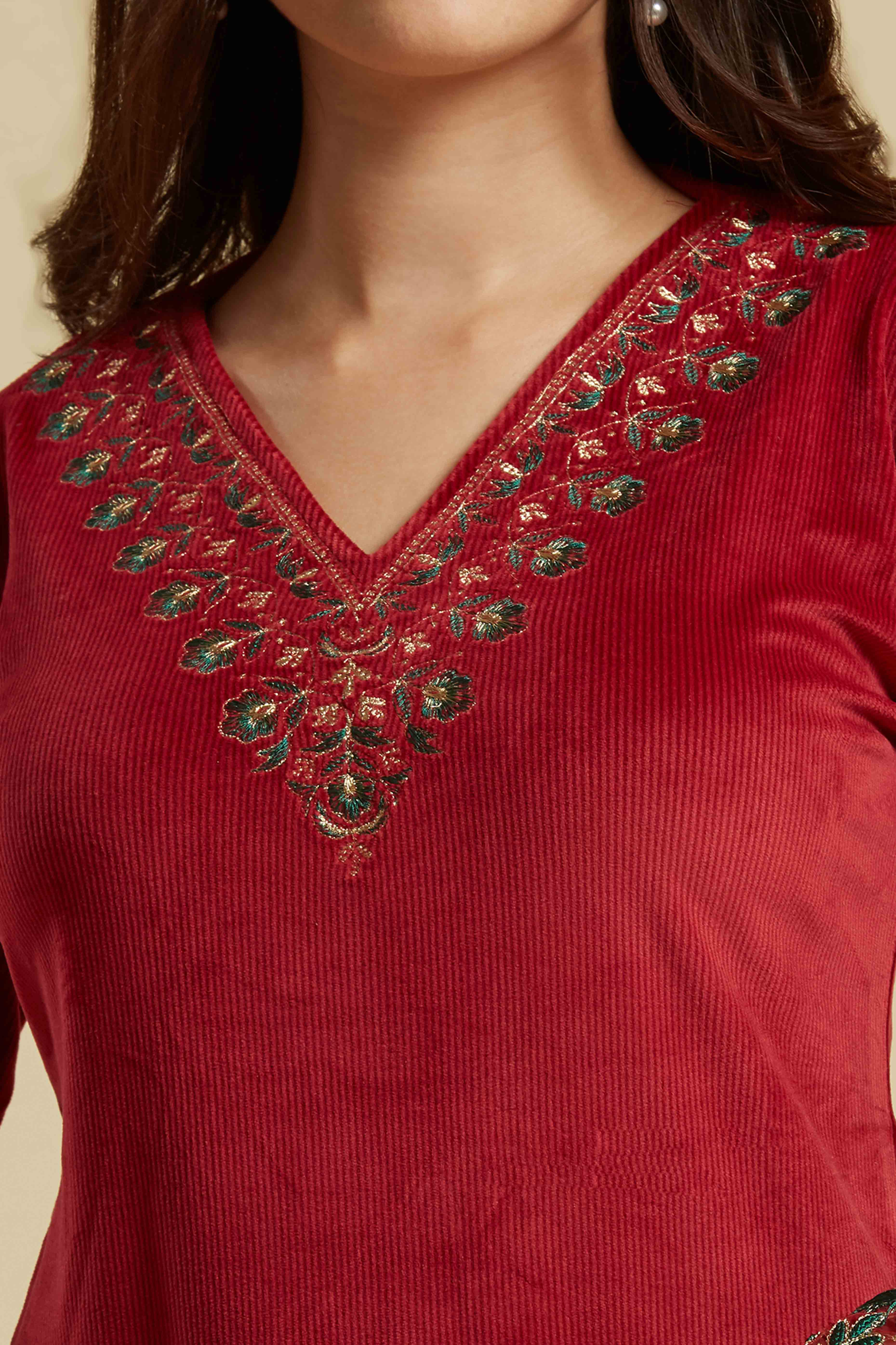 Peachmode Maroon Embroidered Velvet A-Line Top Bottom Set - view 2