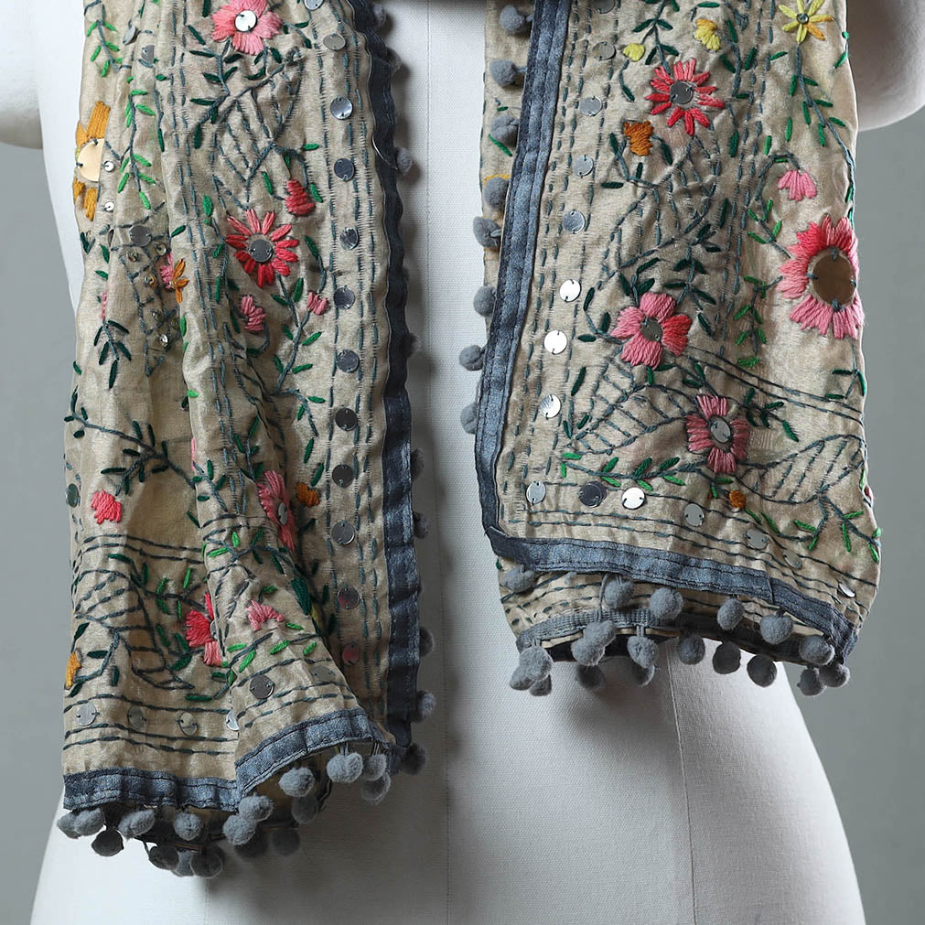 ITOKRI CRAFTS INITIATIVE Grey - Ranihati Chanderi Silk Phulkari Embroidered Stole 123 - view 3