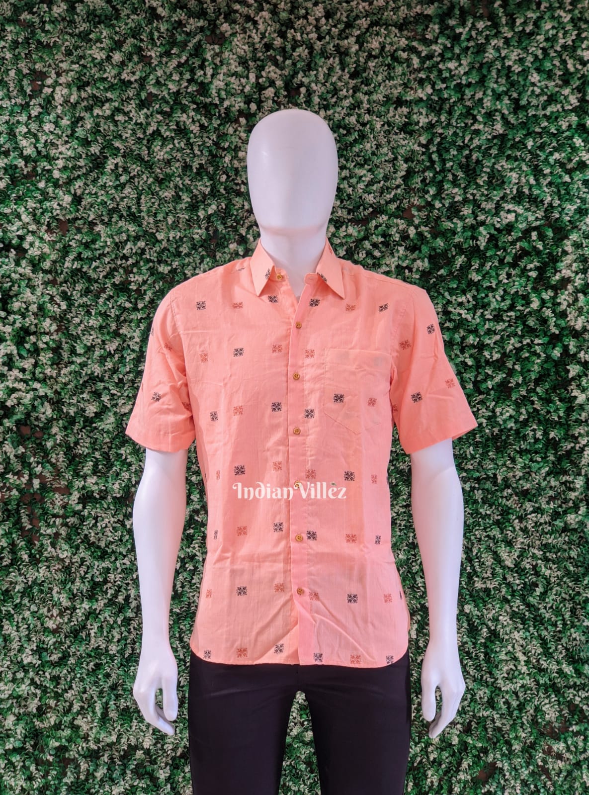 IndianVillèz Pink Flower Motifs Cotton Ikat Half Sleeve Shirt for Men