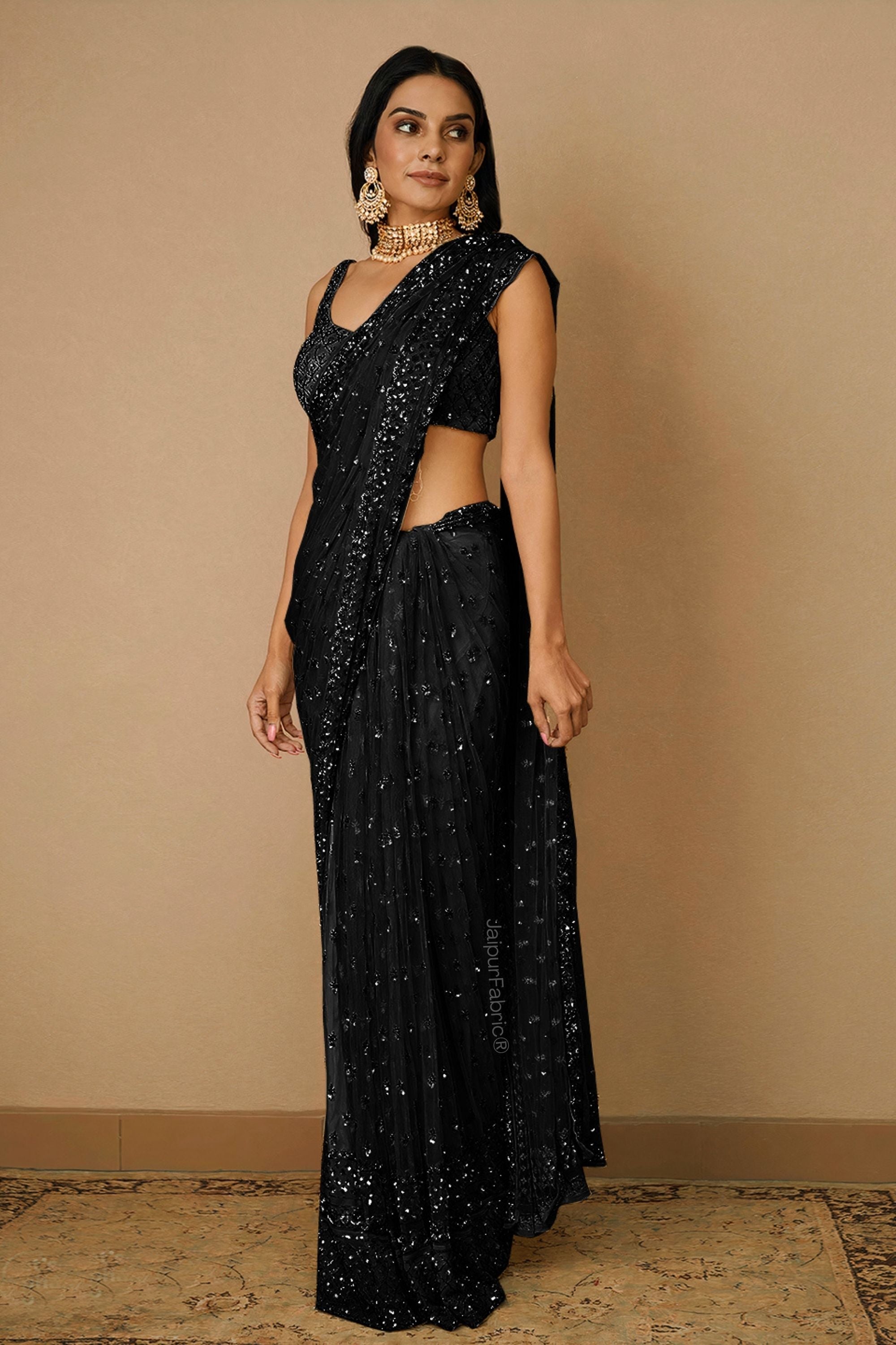 JaipurFabric® Black Organza Saree With Blouse Piece - view 2