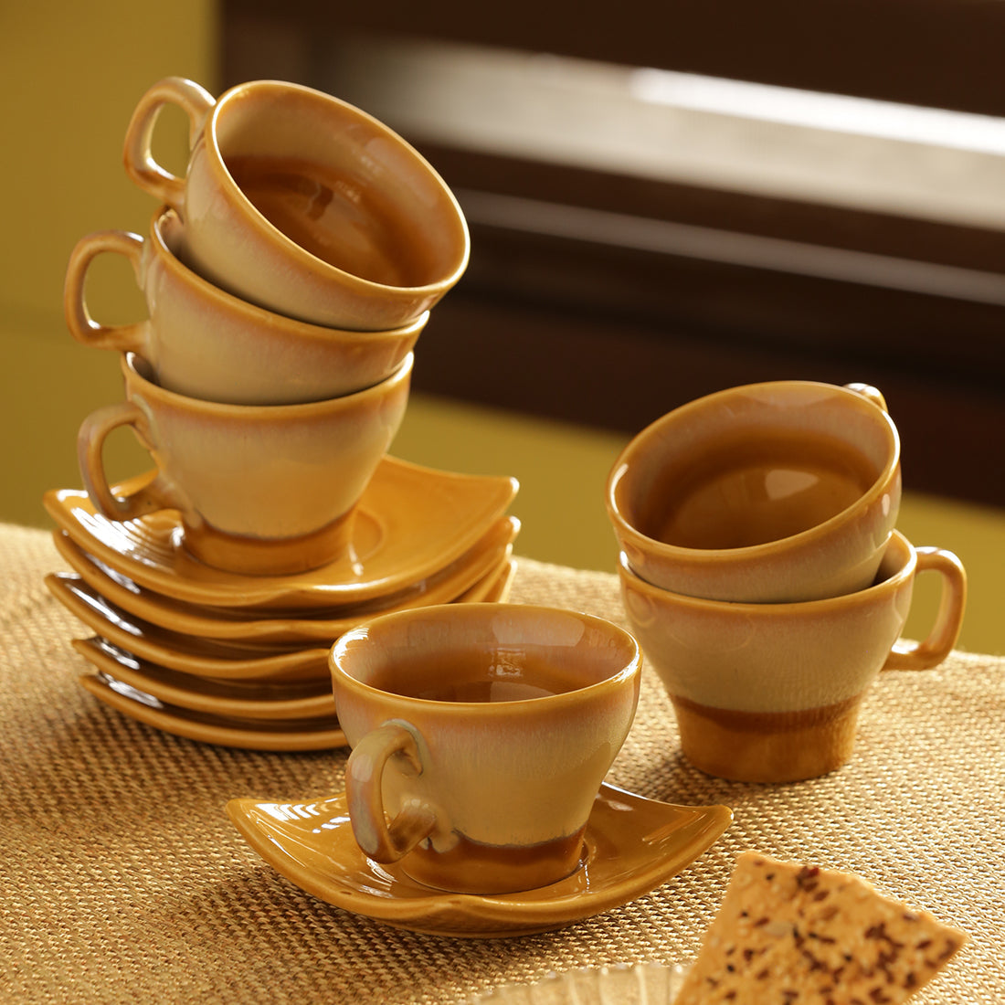 EXCLUSIVELANE 'A Universe in Chai' Tea Cups & Saucers Set Dual Glazed Studio Pottery In Ceramic (Set Of 6)