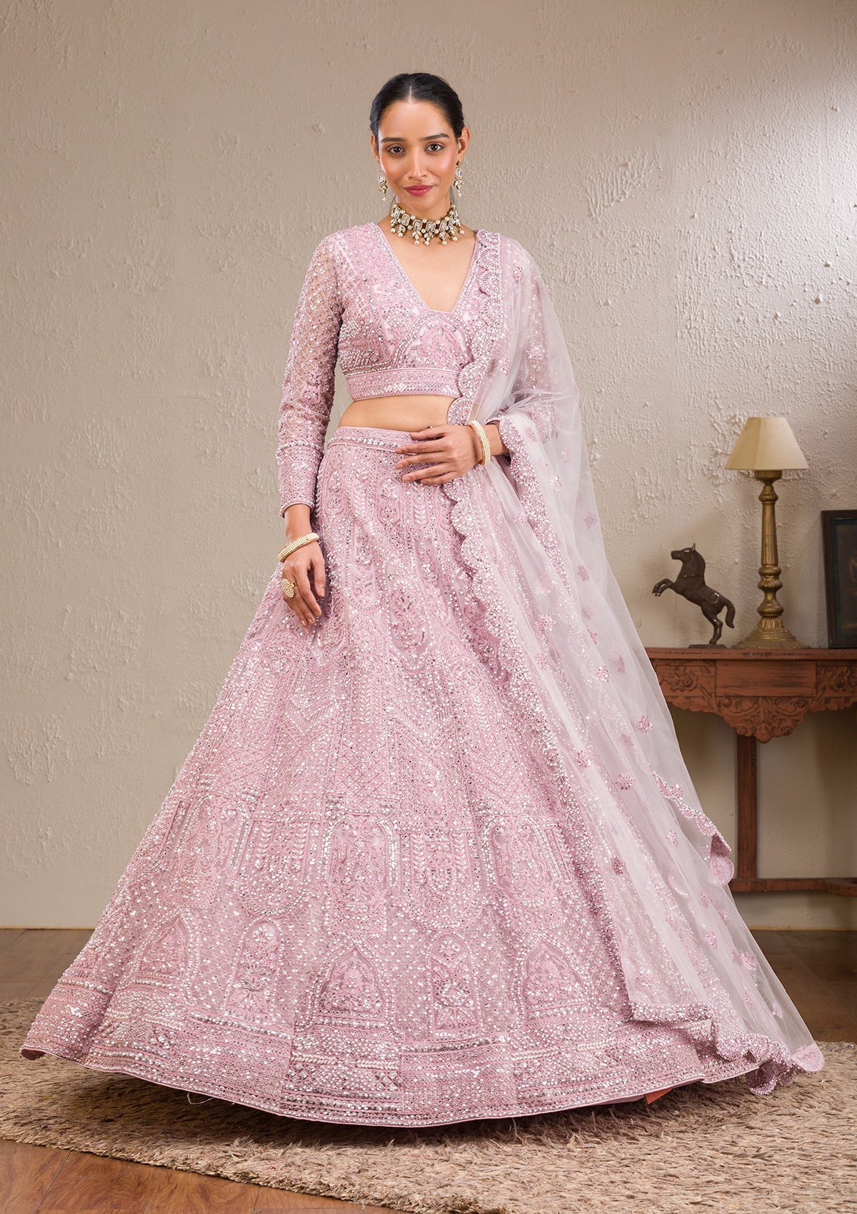 Koskii Pink Pearlwork Net Readymade Lehenga – Women's - view 6