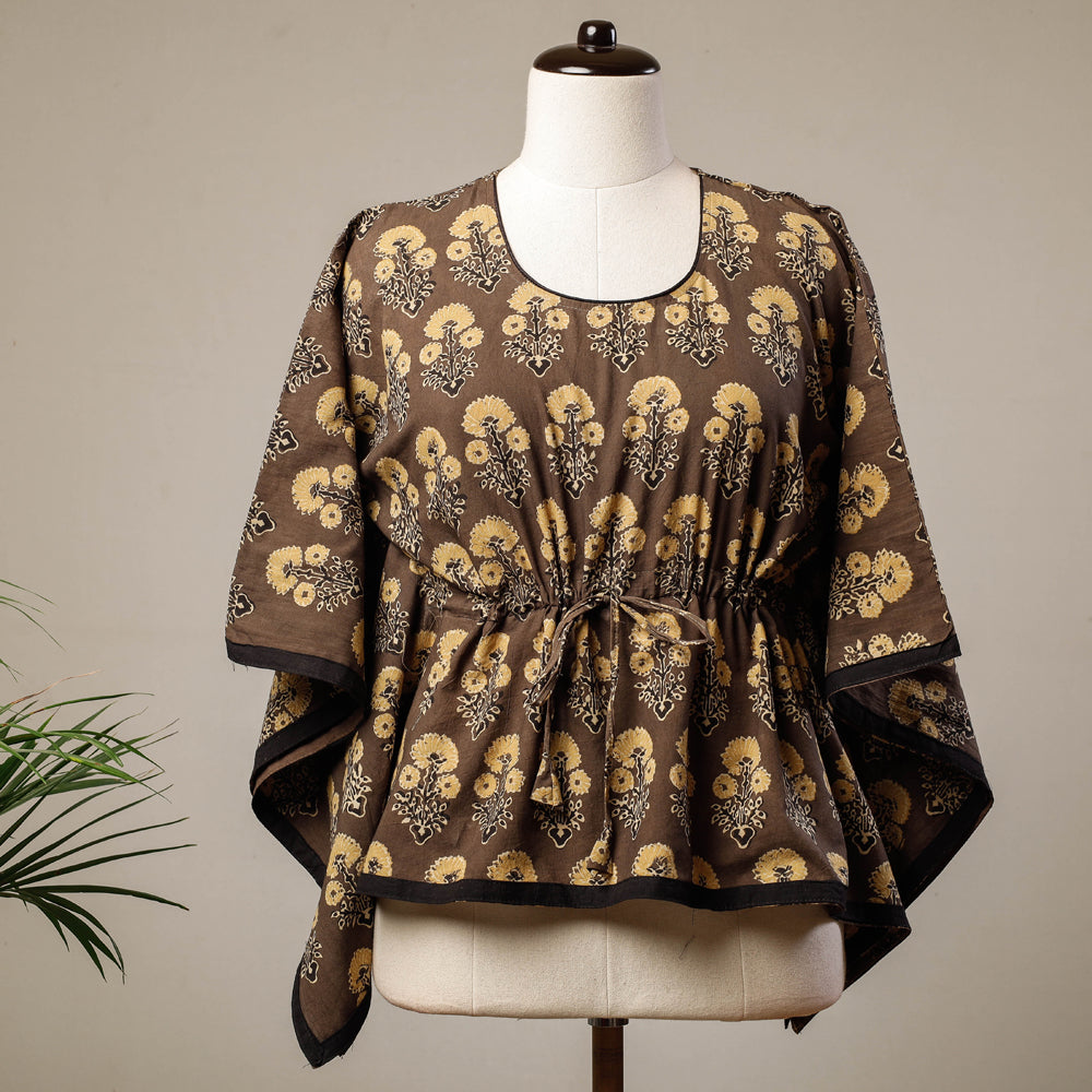 KACHCHH JI CHHAAP Brown - Ajrakh Hand Block Printed Cotton Kaftan with Tie-Up Waist (Short)