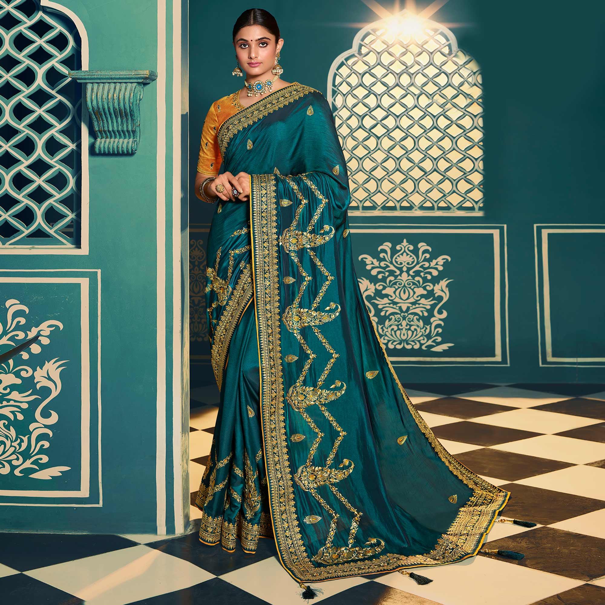 Peachmode Dark Green Festive Wear Embroidered Silk Saree