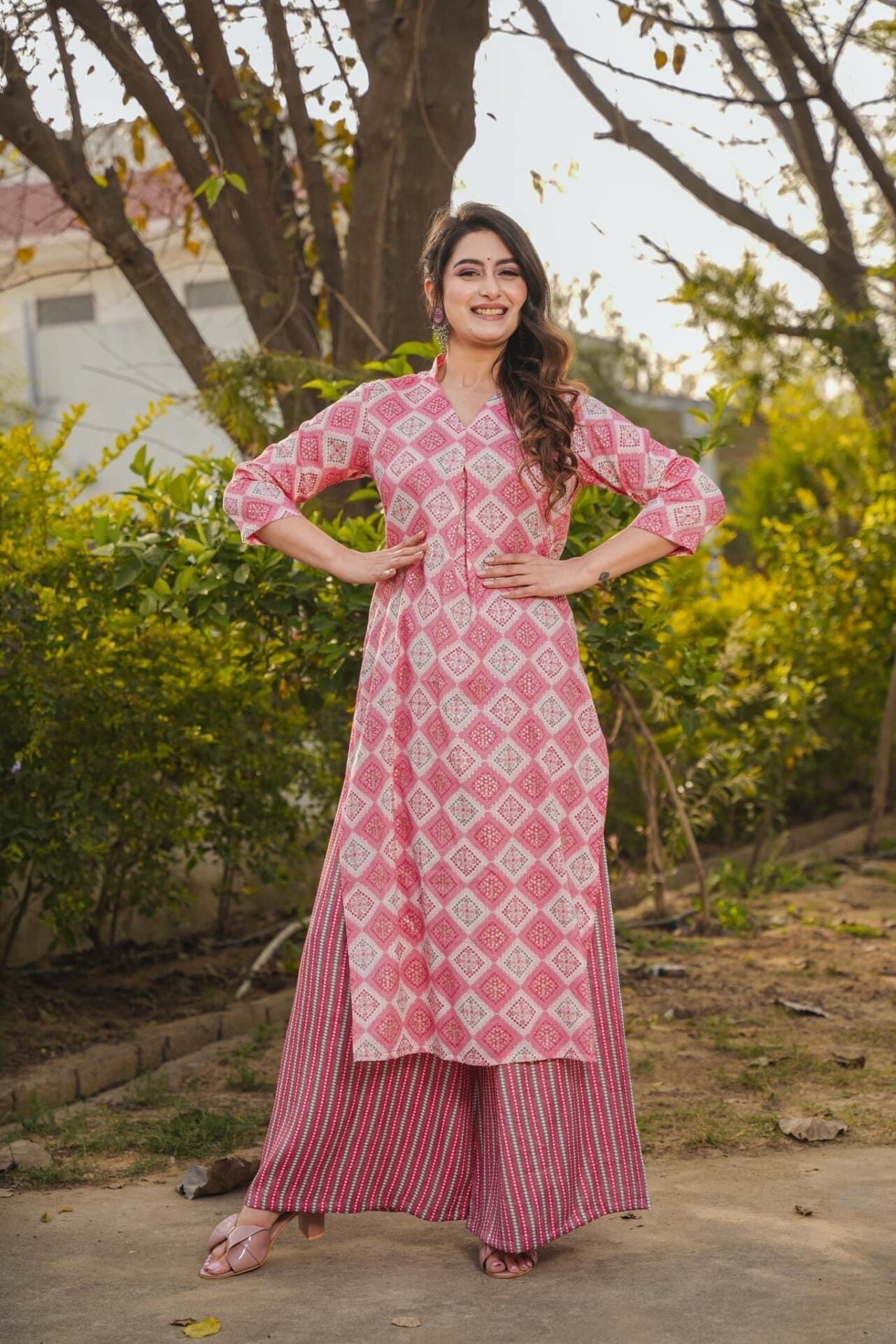 Idaho-o Carnation Pink Kurta-palazzo Set