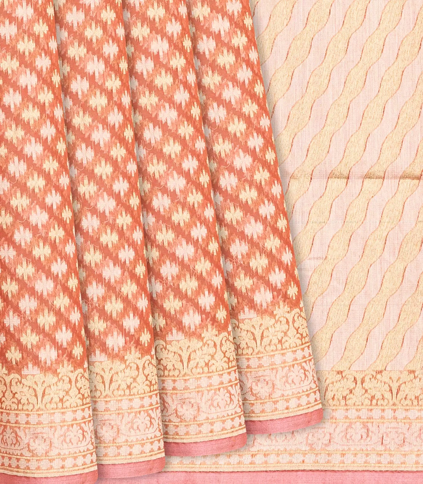 RmKV Peach Handloom Banarasi Cotton Saree With Triangle Motifs-Peach