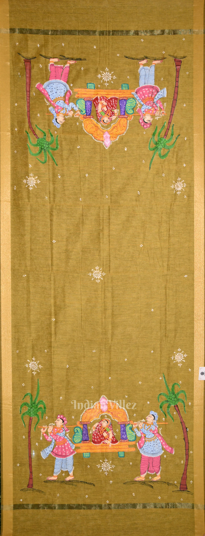 IndianVillèz Mustard Yellow Doli Barat Hand-Painted Pattachitra Chanderi Dupatta