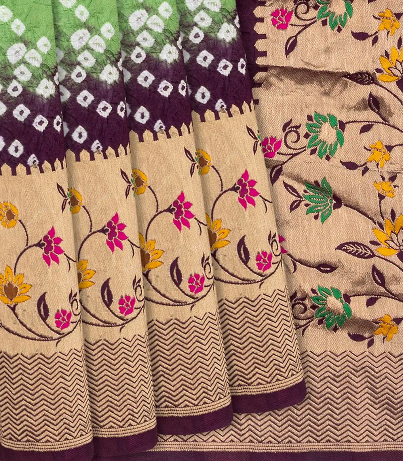 RmKV Pista Green Woven Blended Bandhej Saree With Paithani Border-Pista Green