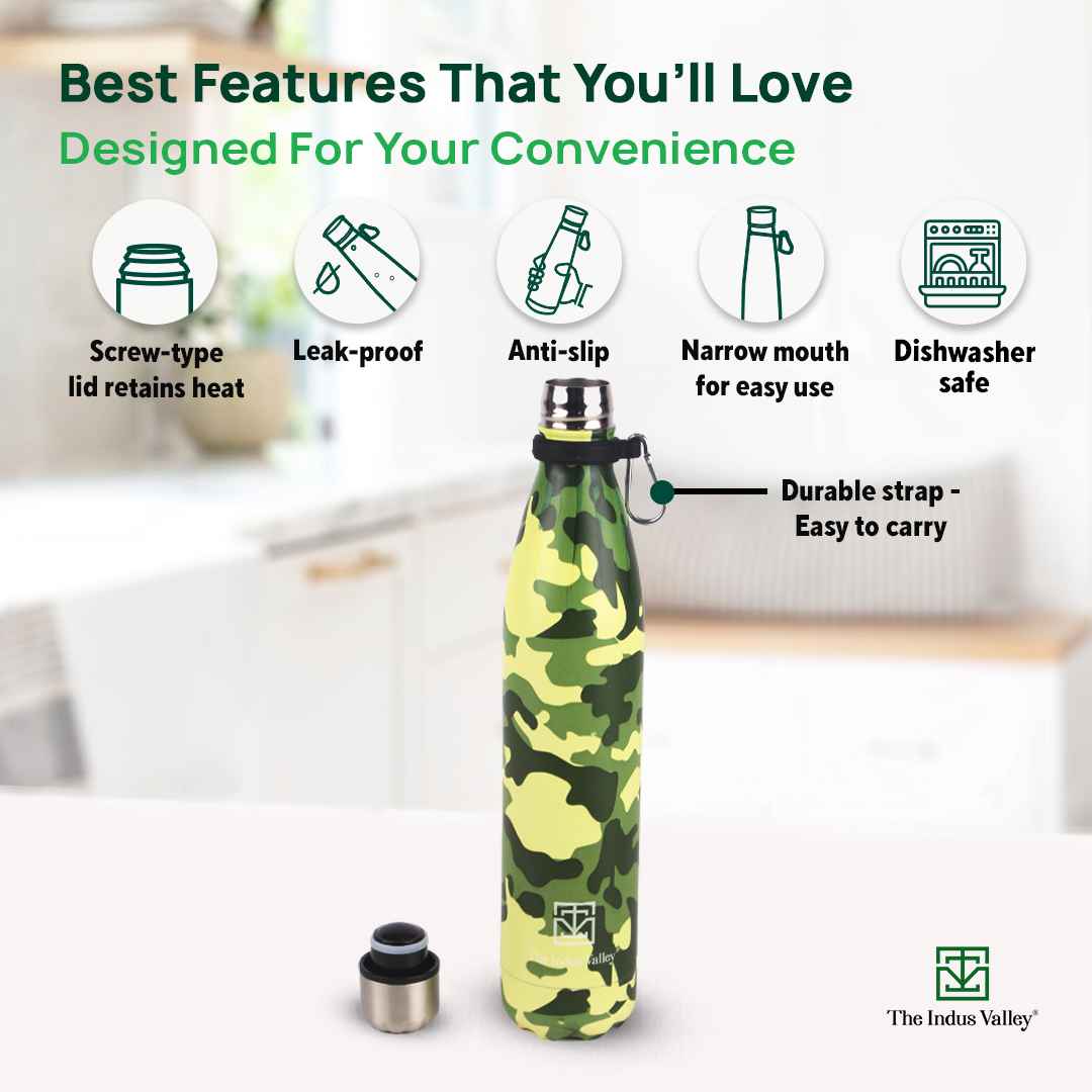 The Indus Valley Premium Stainless Steel Camo Printed Vacuum Insulated Water Bottles, Cola Shaped, 1 Litre - view 6