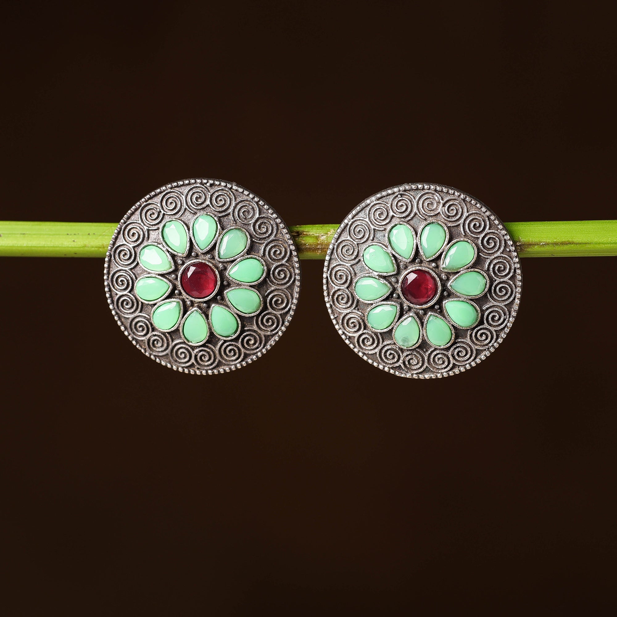 WHITE RIVER STORIES Antique Silver Finish Oxidised Brass Base Stone Work Stud Earrings
