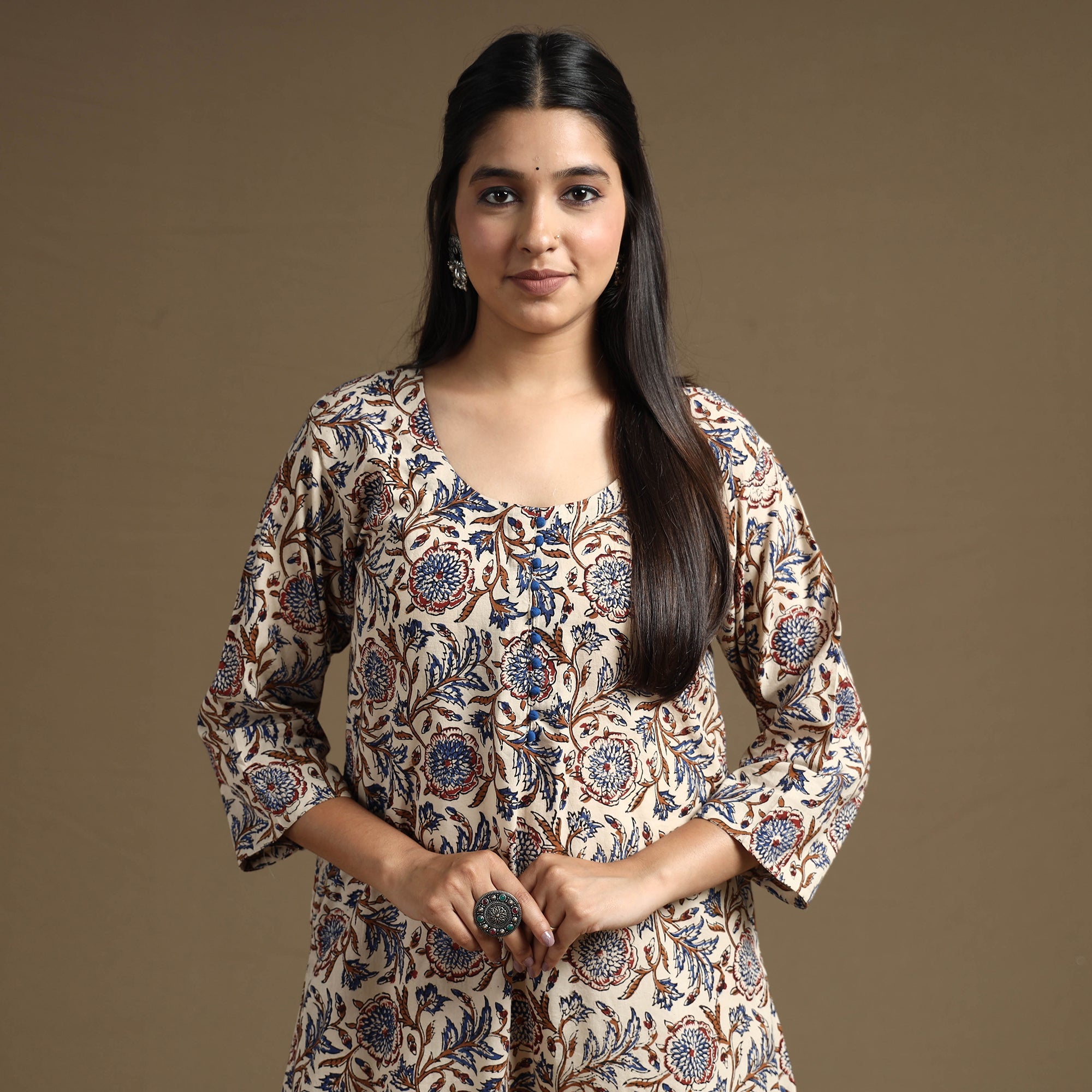 ITOKRI CASUALS Beige - Bagru Hand Block Printed Cotton A-Line Long Kurta 01