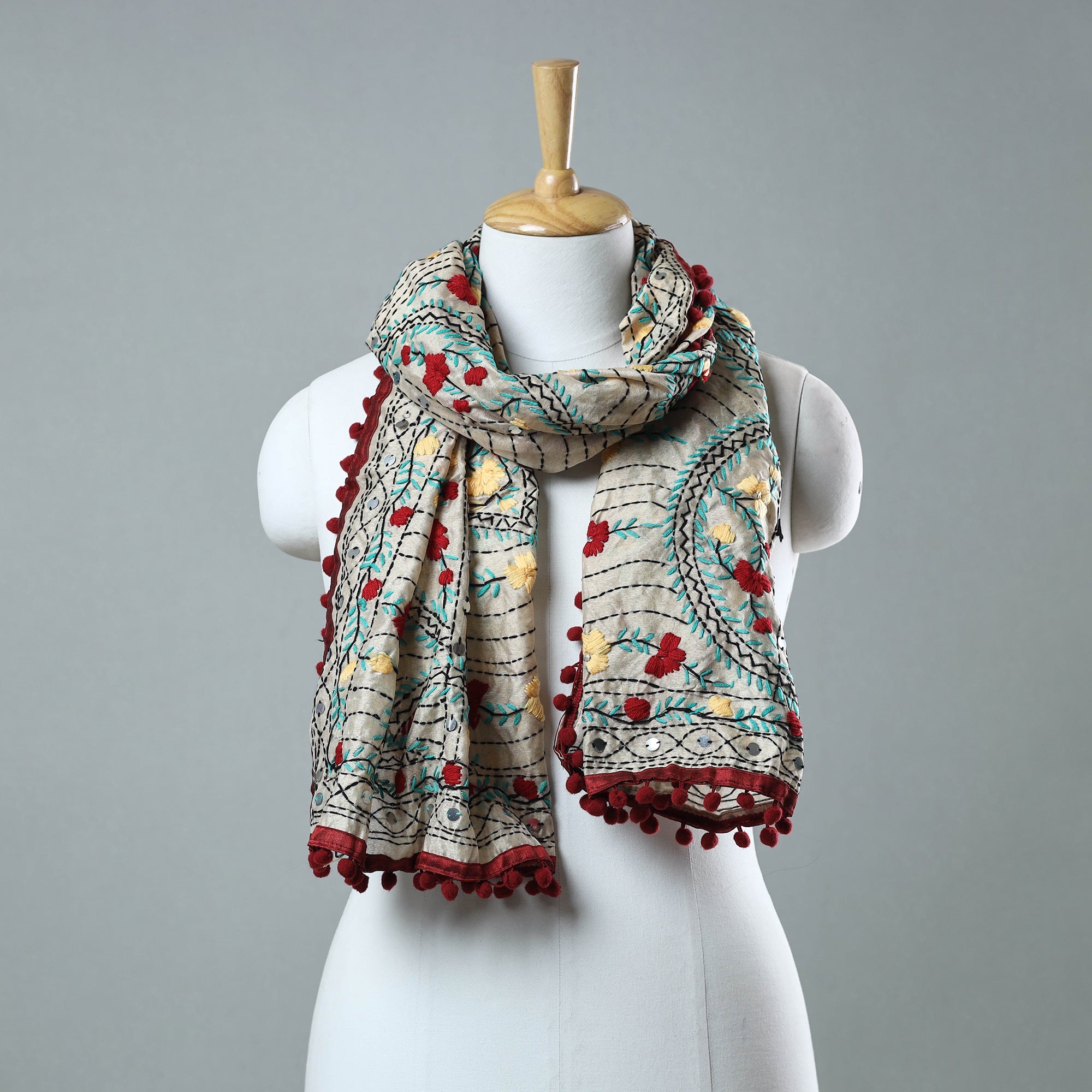 ITOKRI CRAFTS INITIATIVE Maroon - Ranihati Chanderi Silk Phulkari Embroidered Stole 178