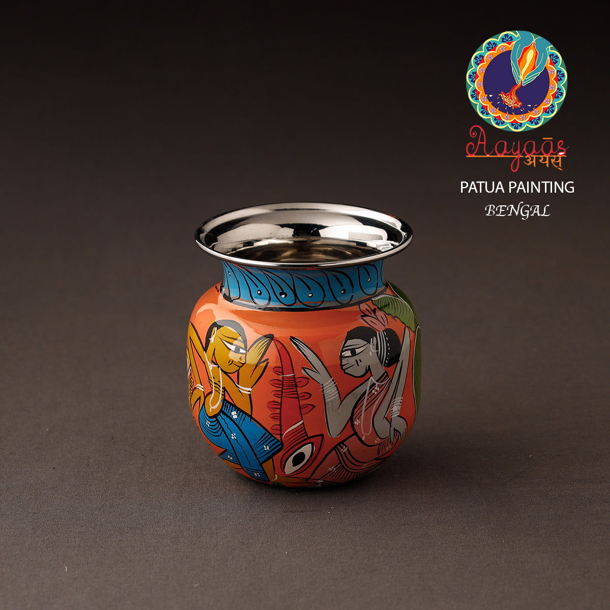 AAYAAS Bengal Patua Handpainted Stainless Steel Lota / Kalash / Container