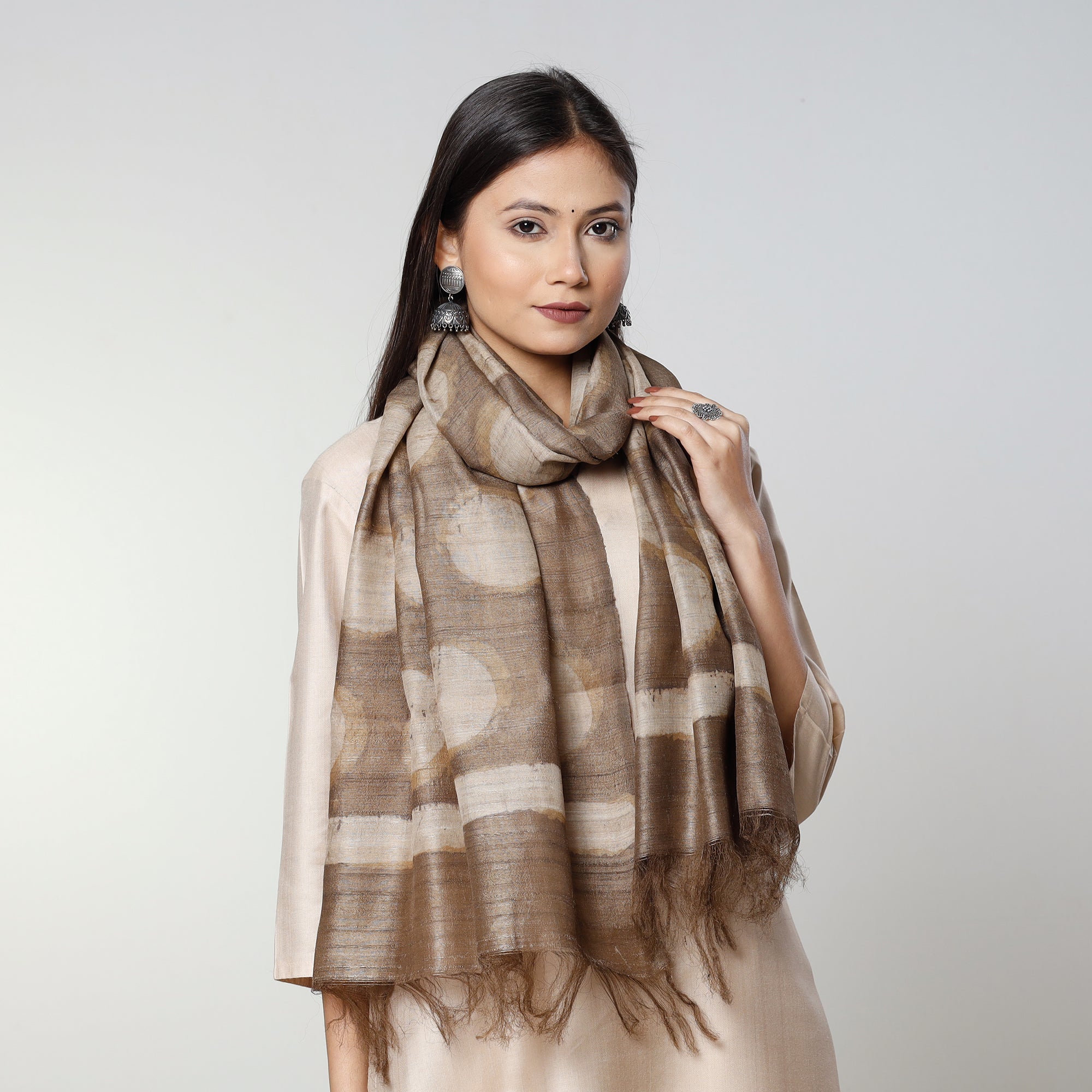 BINDAAS UNLIMITED Brown - Handloom Block Art Print Tussar Silk Bindaas Stole