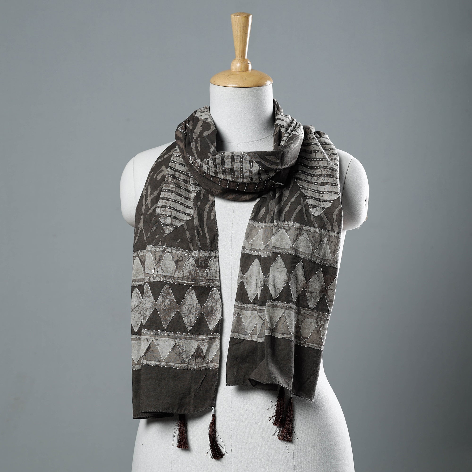 ARTISAN HAND BLOCK PRINTS Brown - Bagru Block Printed Tagai Work Cotton Stole with Tassels