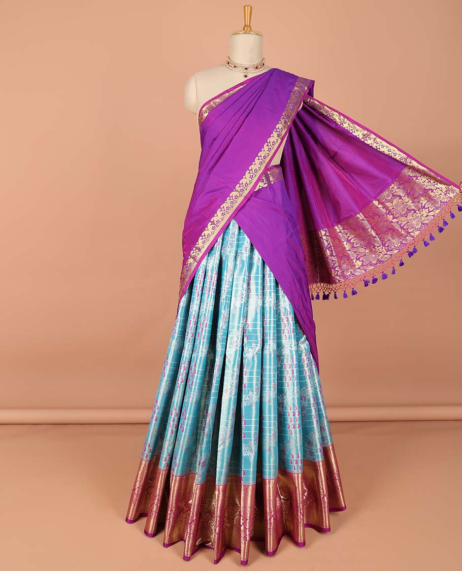 Pothys Blue checked with floral design art-silk half saree, contrast traditional zari border,zari design blouse & intricate dhavani