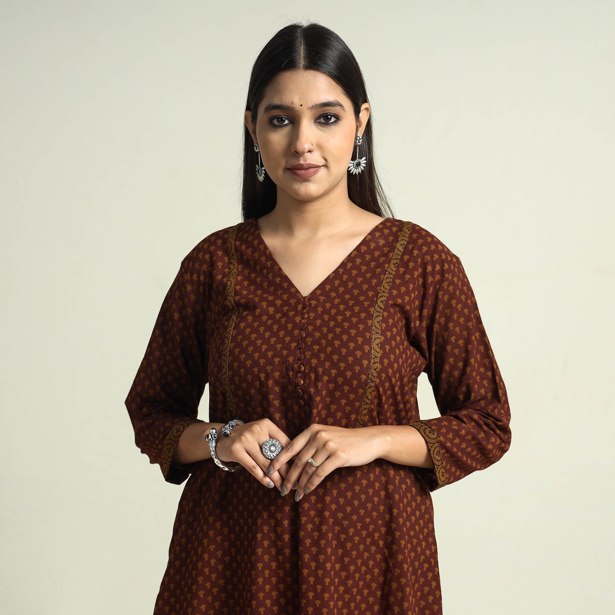 ITOKRI CASUALS Brown - Block Print Cotton A-Line Bagh Kurta