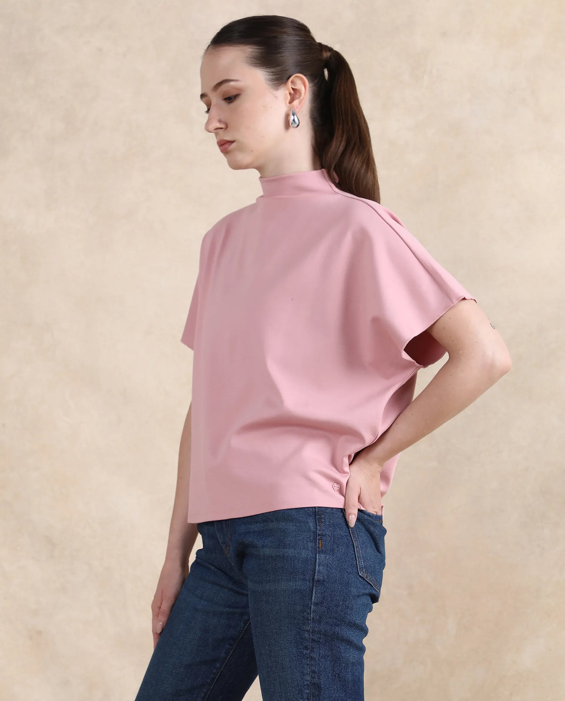 Rareism Women Worknet Pink Cotton Viscose Fabric Extended Sleeves High Neck Relaxed Fit Plain Top - view 5