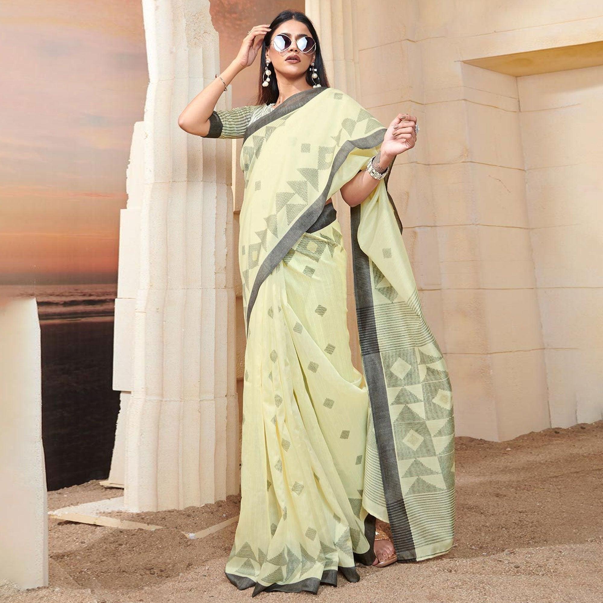 Peachmode Majesty Cream Colored Casual Wear Printed Bhagalpuri Silk Saree