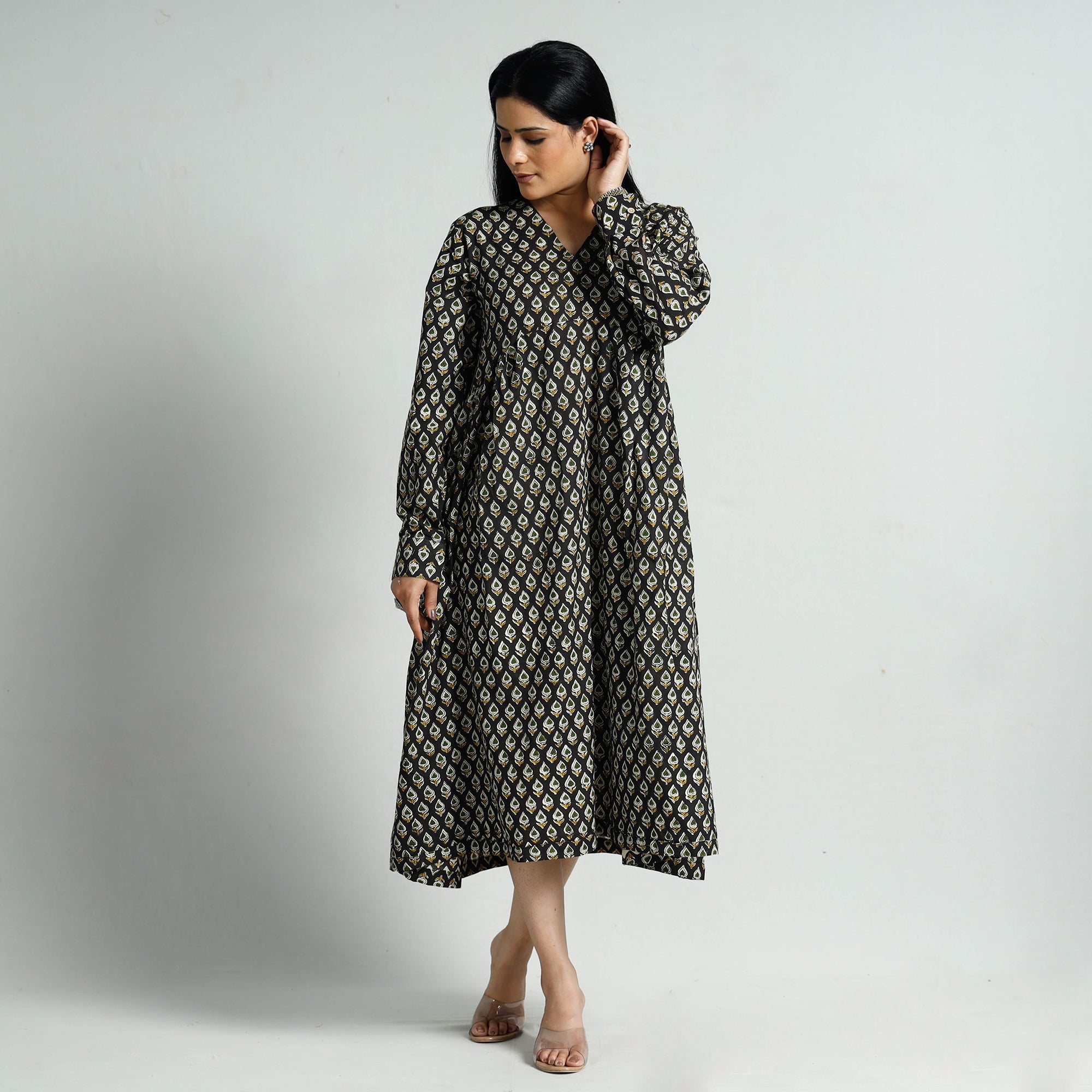 ITOKRI CASUALS Black - Bagru Block Printed Cotton Flared Dress