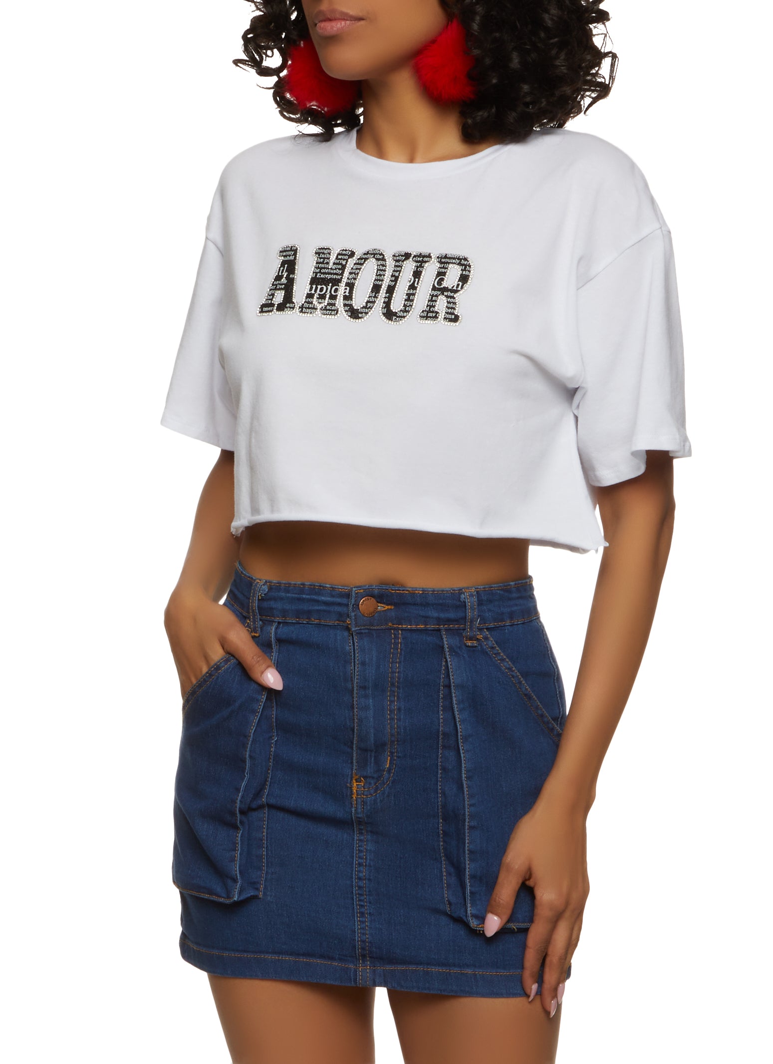 Rainbow Shops Amour Rhinestone Cropped Graphic Patch Tee