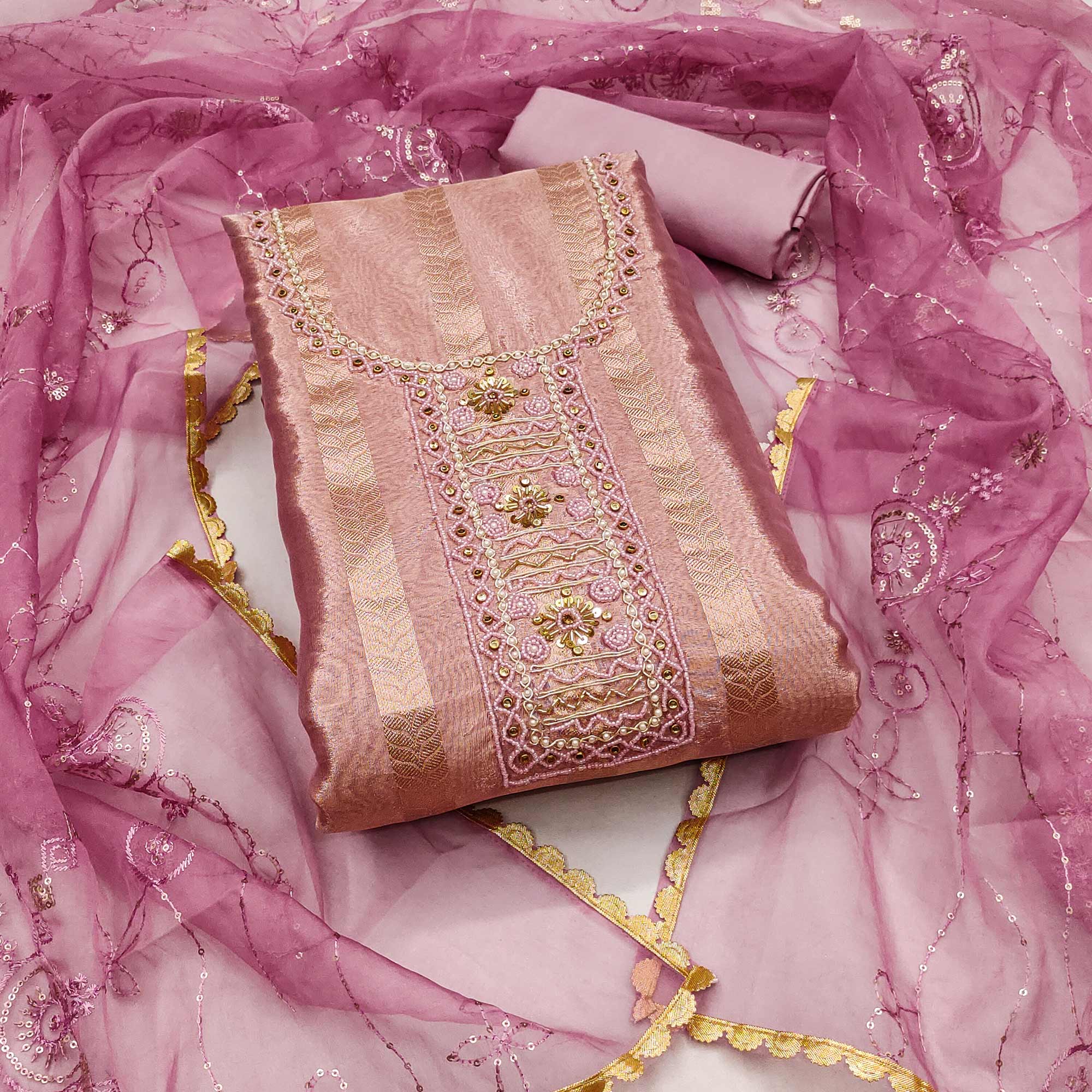 Peachmode Mauve Sequins Hand Embroidery Organza Dress Material