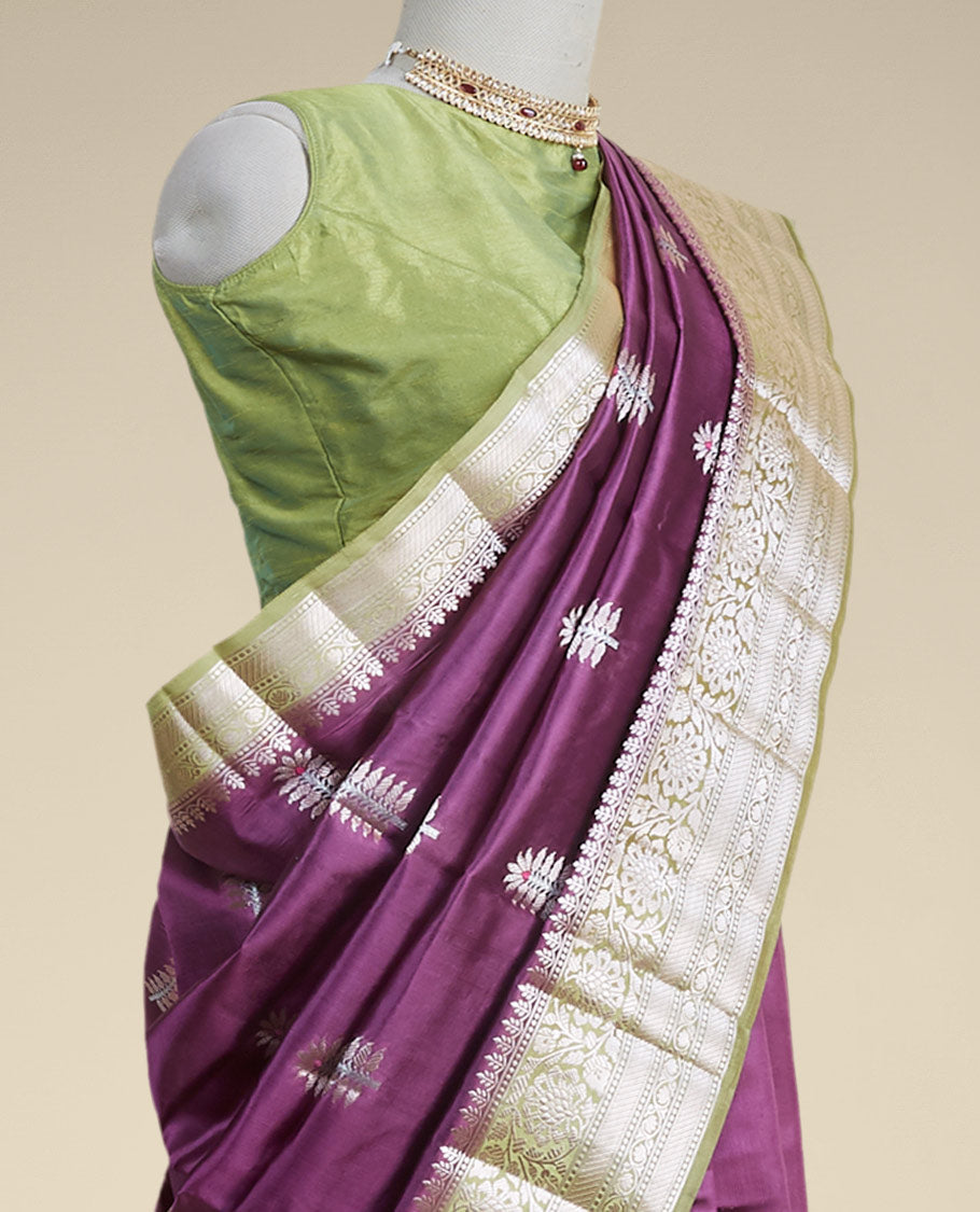Pothys Purple floral motifs dupion silk saree with contrast traditional zari border