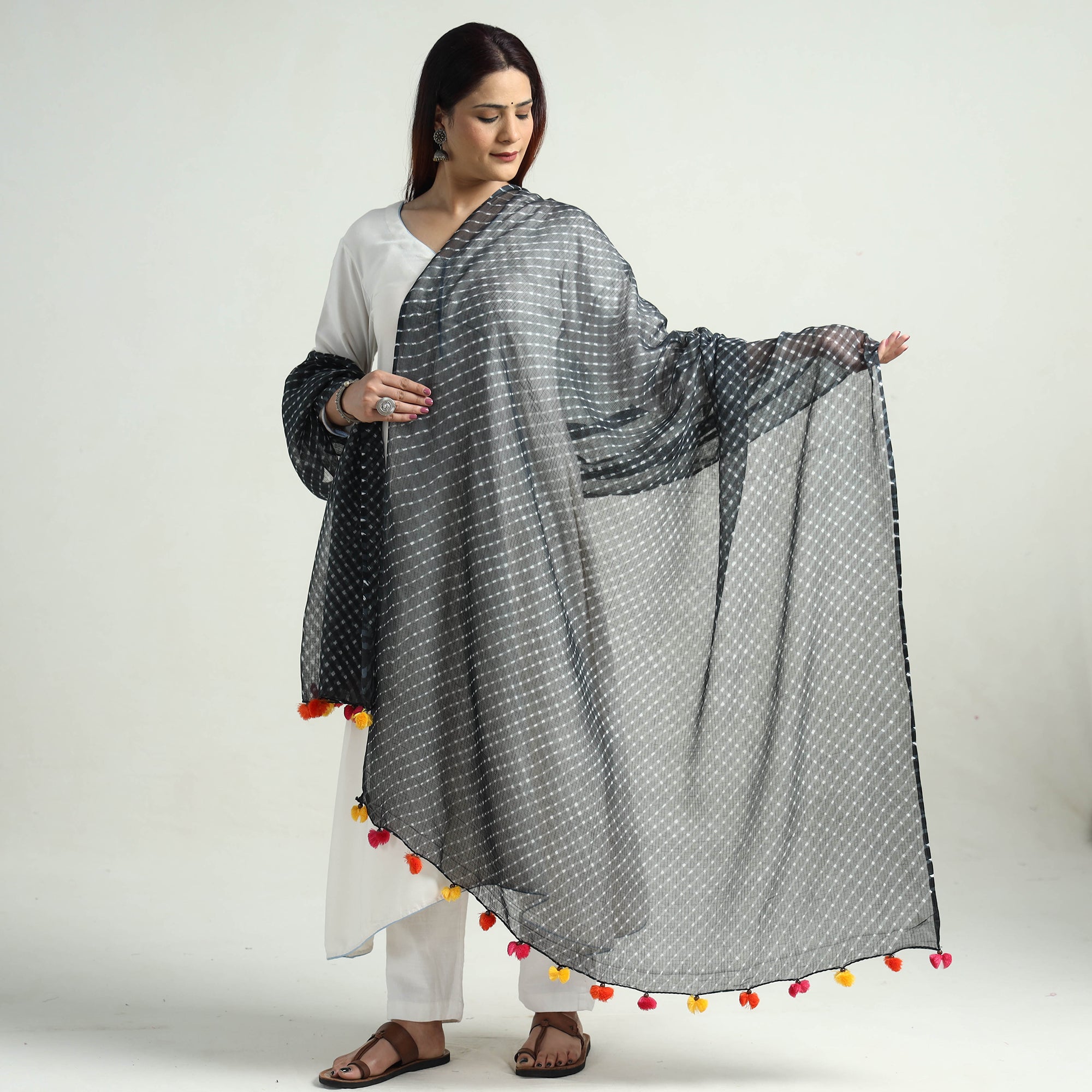 LEHARIYA BY BADSHAH MIYAN Black - Leheriya Tie-Dye Mothra Kota Doria Cotton Dupatta with Tassels 24