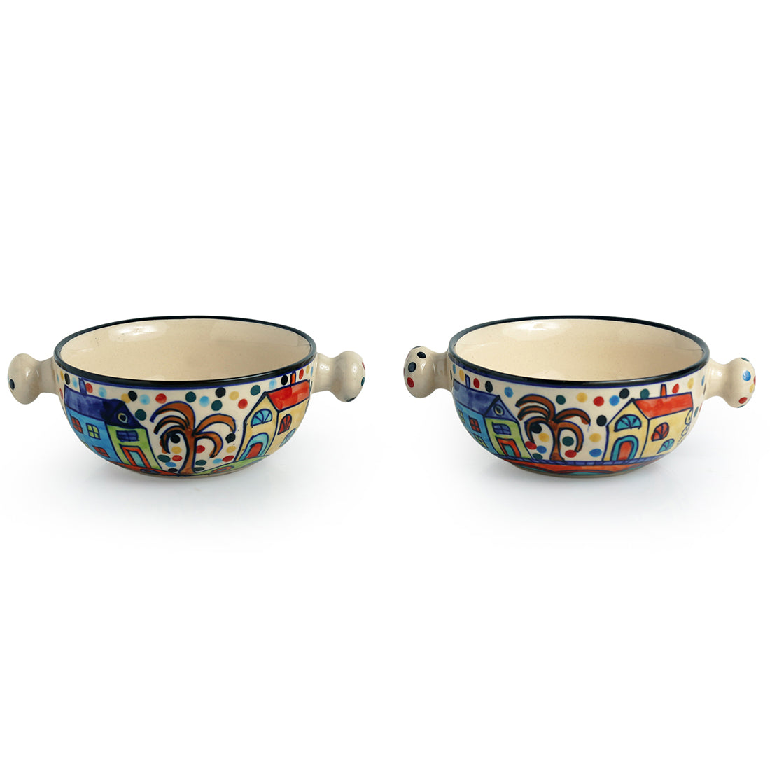 EXCLUSIVELANE 'The Hut Handled Bowls'' Handpainted Ceramic Bowls (Set Of 2) - view 4