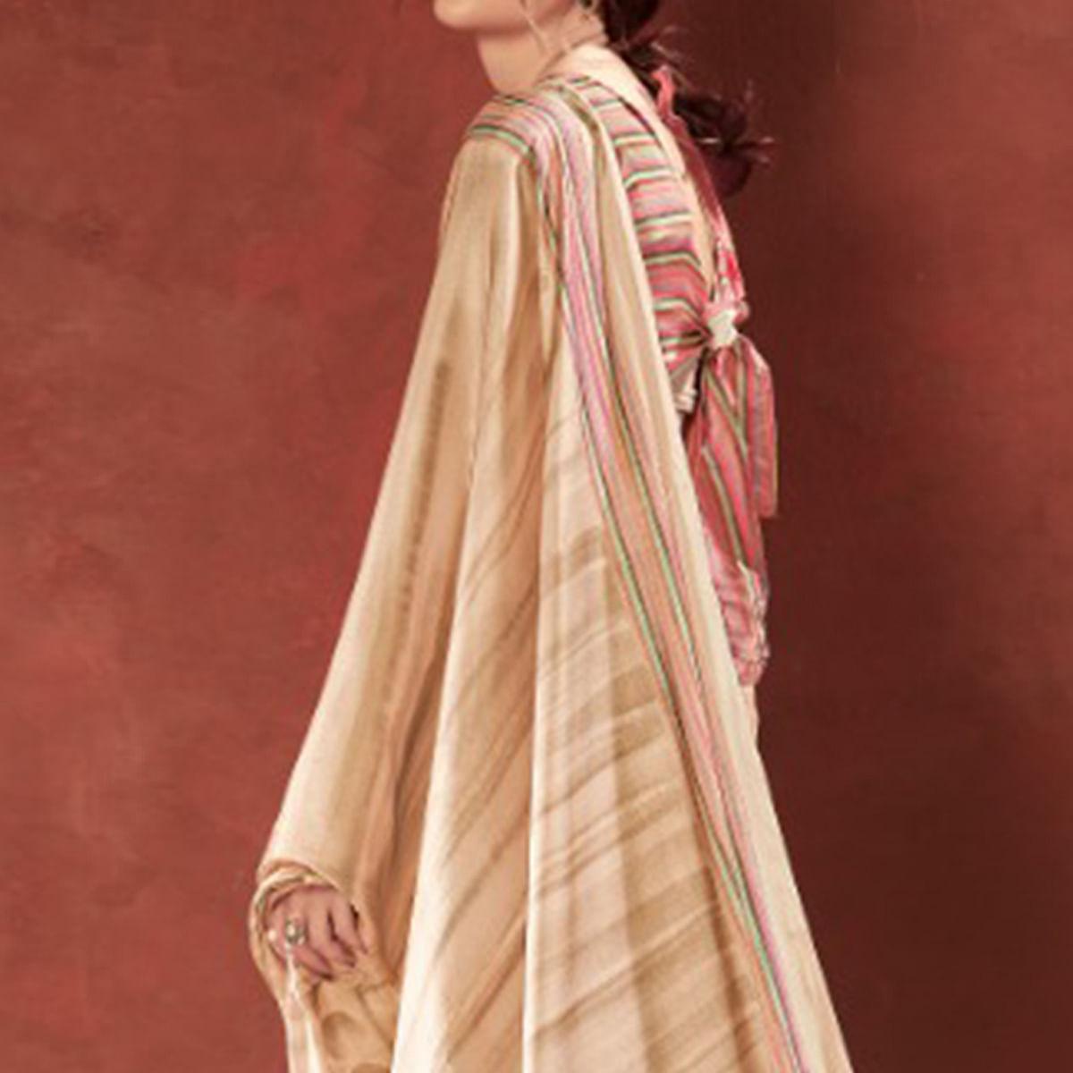 Peachmode Majesty Cream Colored Casual Wear Printed Satin Crepe Saree With Tassels - view 3