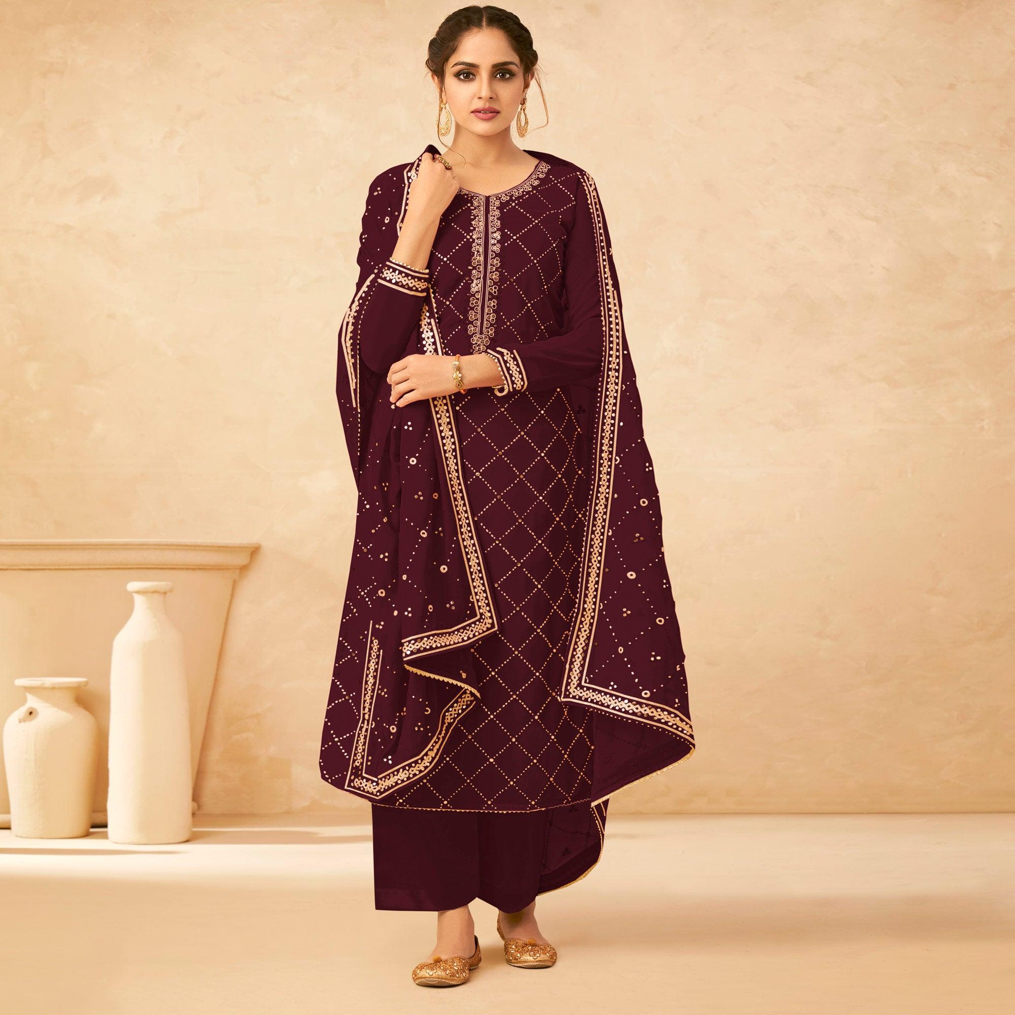Peachmode Maroon Partywear Sequins Work Real Georgette Palazzo Suit