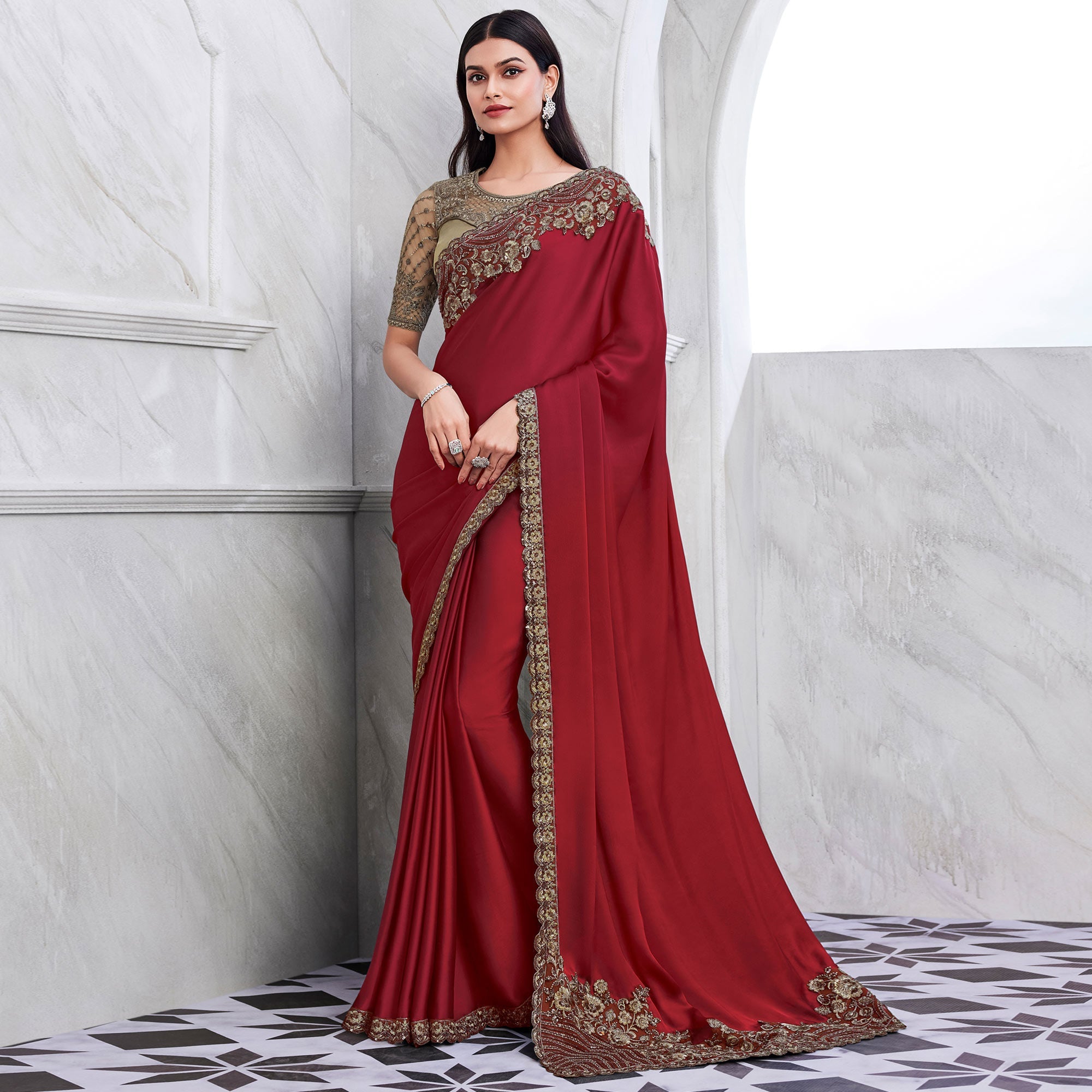 Peachmode Maroon Floral Sequins Embroidered Georgette Saree - view 2