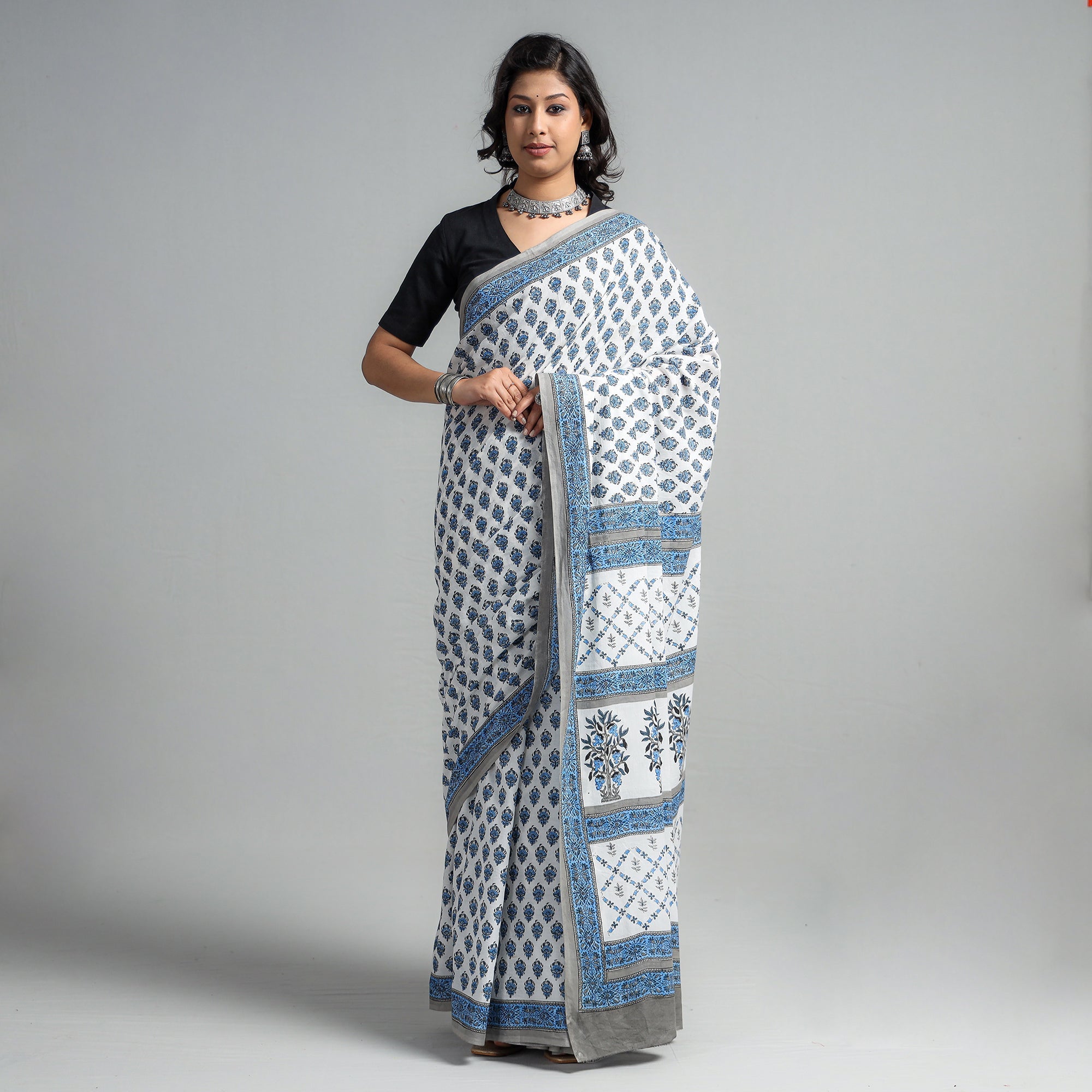 SANTOSH KUMAR DHANOPIA Blue - Block Printed Mul Cotton Sanganeri Saree
