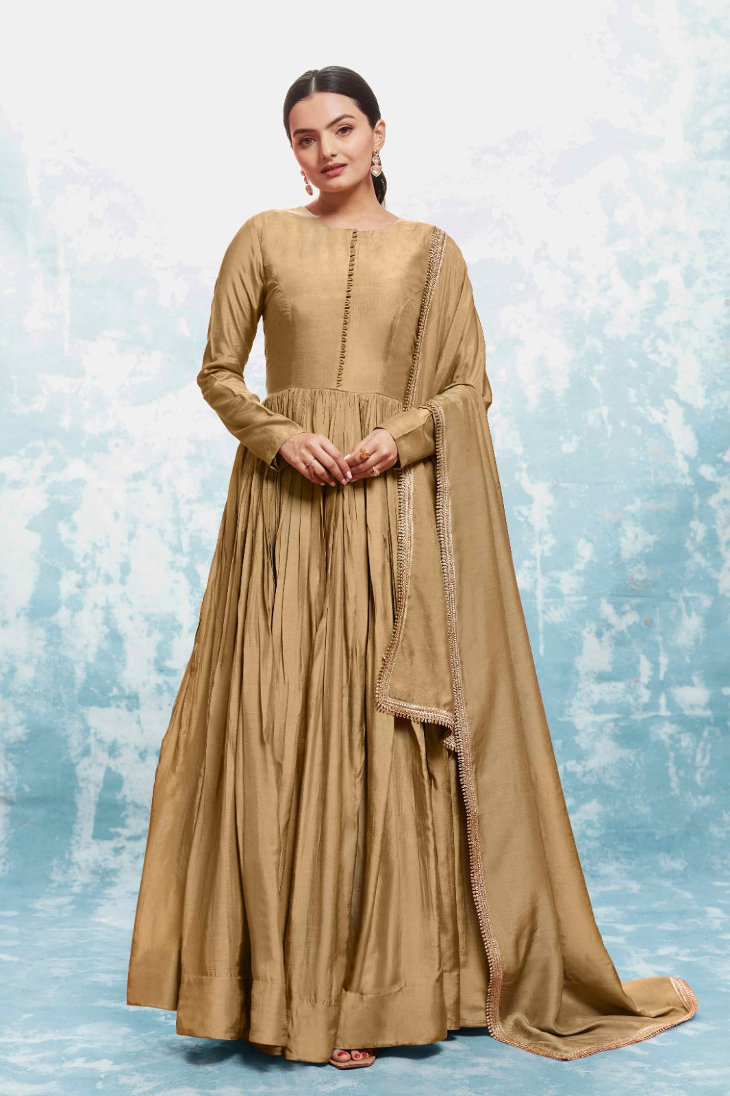 ClothsVilla Chic Olive Muslin Dress with Printed Work and Georgette Dupatta – Ready to Wear - view 5