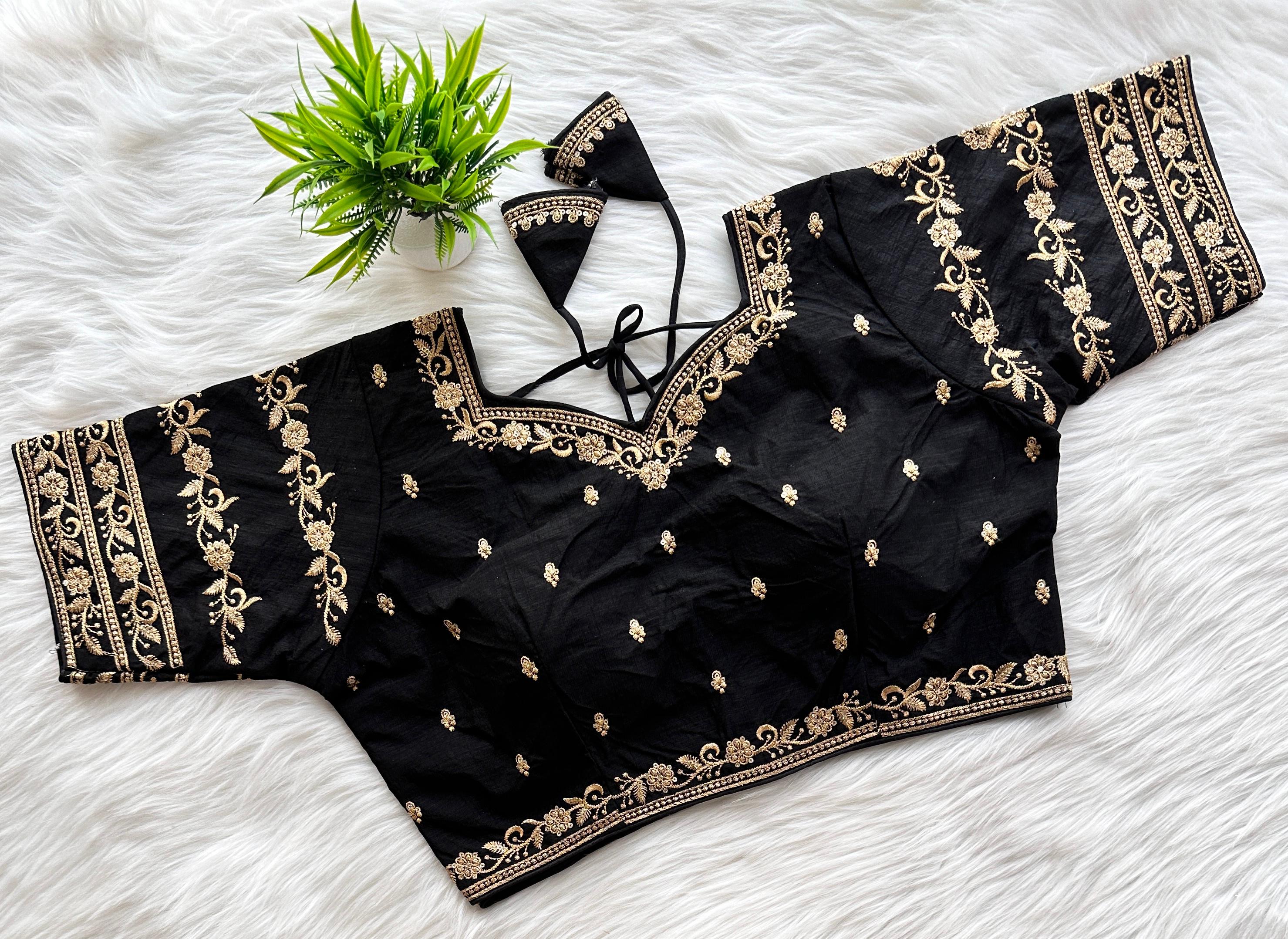 ClothsVilla Black Rajbhog Silk Embroidered Blouse with Handcrafted Detailing