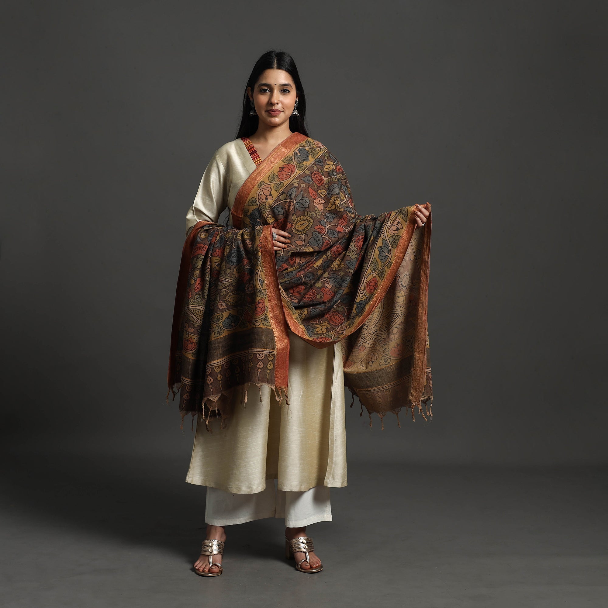 SOUTH KARGHA Brown - Mangalagiri Cotton Handpainted Pen Work Kalamkari Dupatta 13