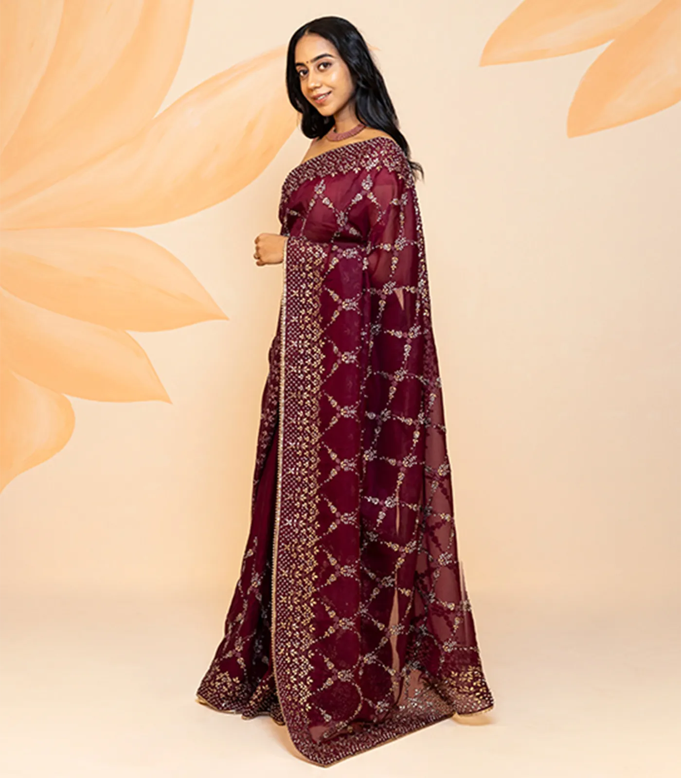 RmKV Burgundy Blended Cotton Saree Embroidered Floral Jaal Motifs-Burgundy - view 2