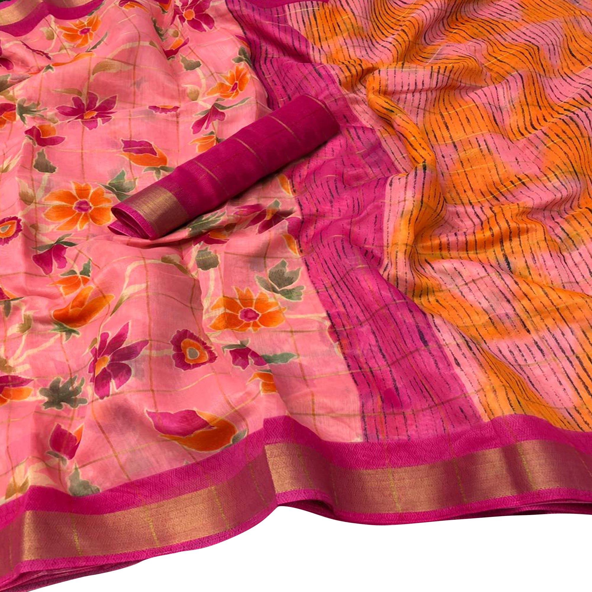 Peachmode Lovely Pink Colored Casual Floral Printed Cotton Saree