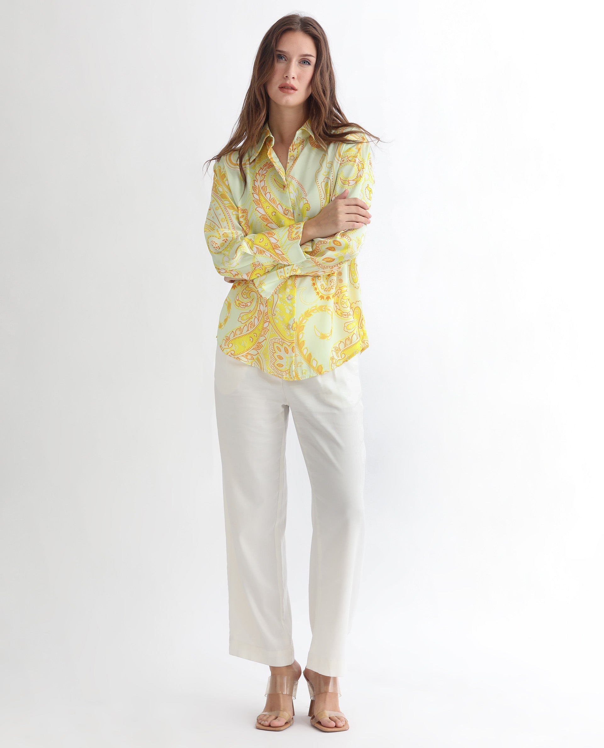 Rareism Women Lander Light Yellow Polyester Fabric Full Sleeves Button Closure Shirt Collar Regular Fit Paisley Print Top - view 3